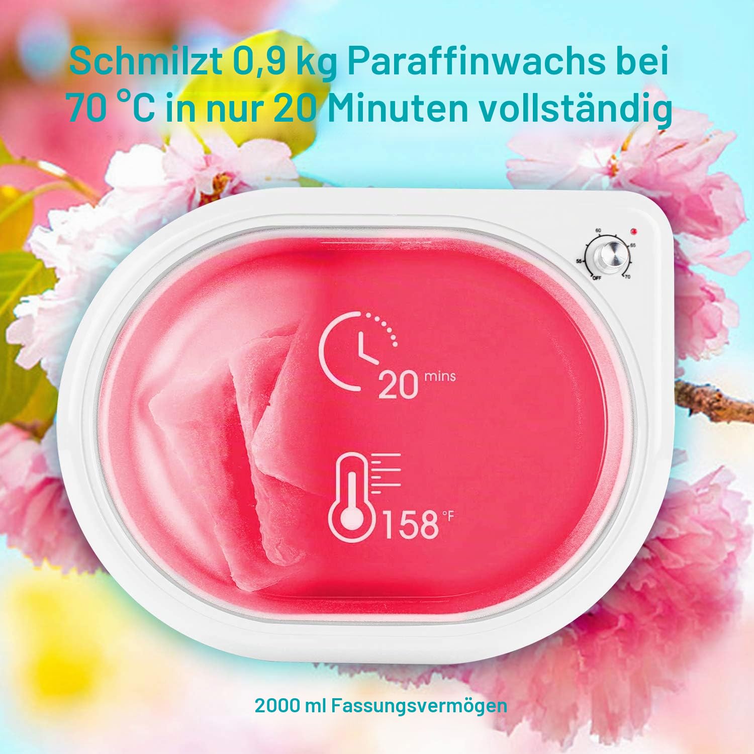 Paraffinbad für Hände und Füße, Professioneller Schnellheiz-Wachserwärmer 265W 2000mL mit 4x200g Paraffinwachs und Zubehör Blau-Weiß