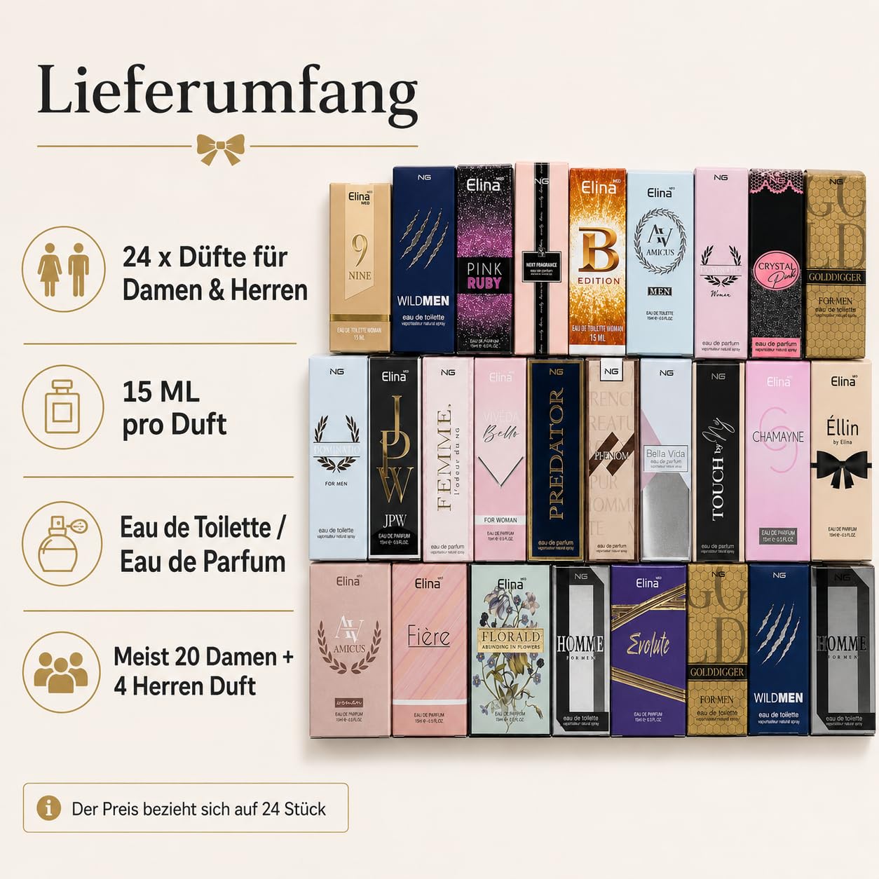 Trend Düfte Set 24 x 15 ml Parfüm für Damen Herren mit Spray Kopf Mini Flakon