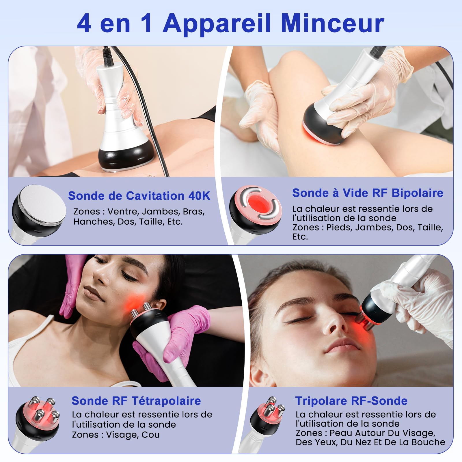 Appareil de massage 40K 4-en-1, lipocavitation et radiofréquence, appareil de soins adapté au visage et au corps
