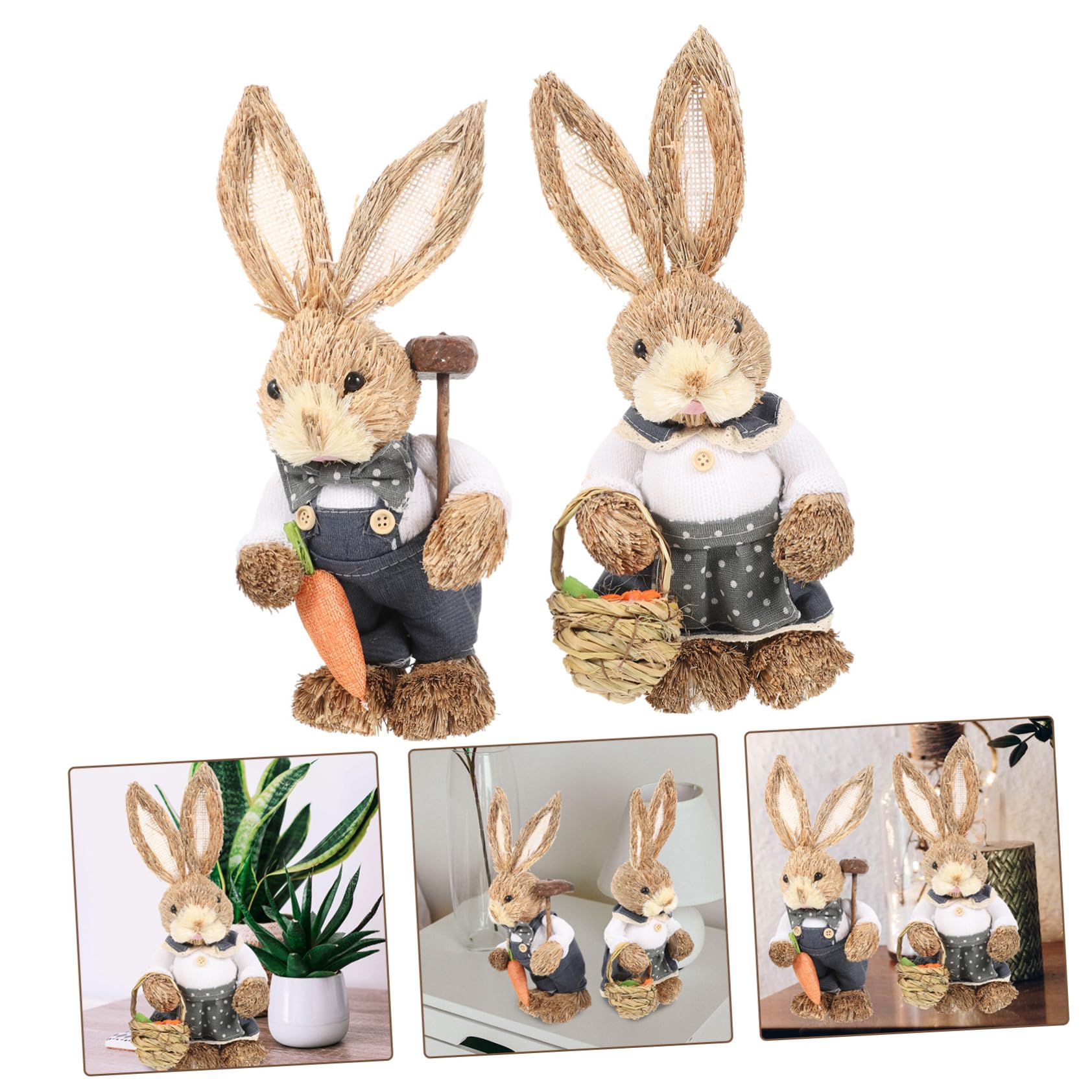 Handgewebte Hasenfiguren 35cm 2 Stück aus Stroh und Baumwolle Dekorativ und Fein Gearbeitet für Zuhause und Gartendekoration