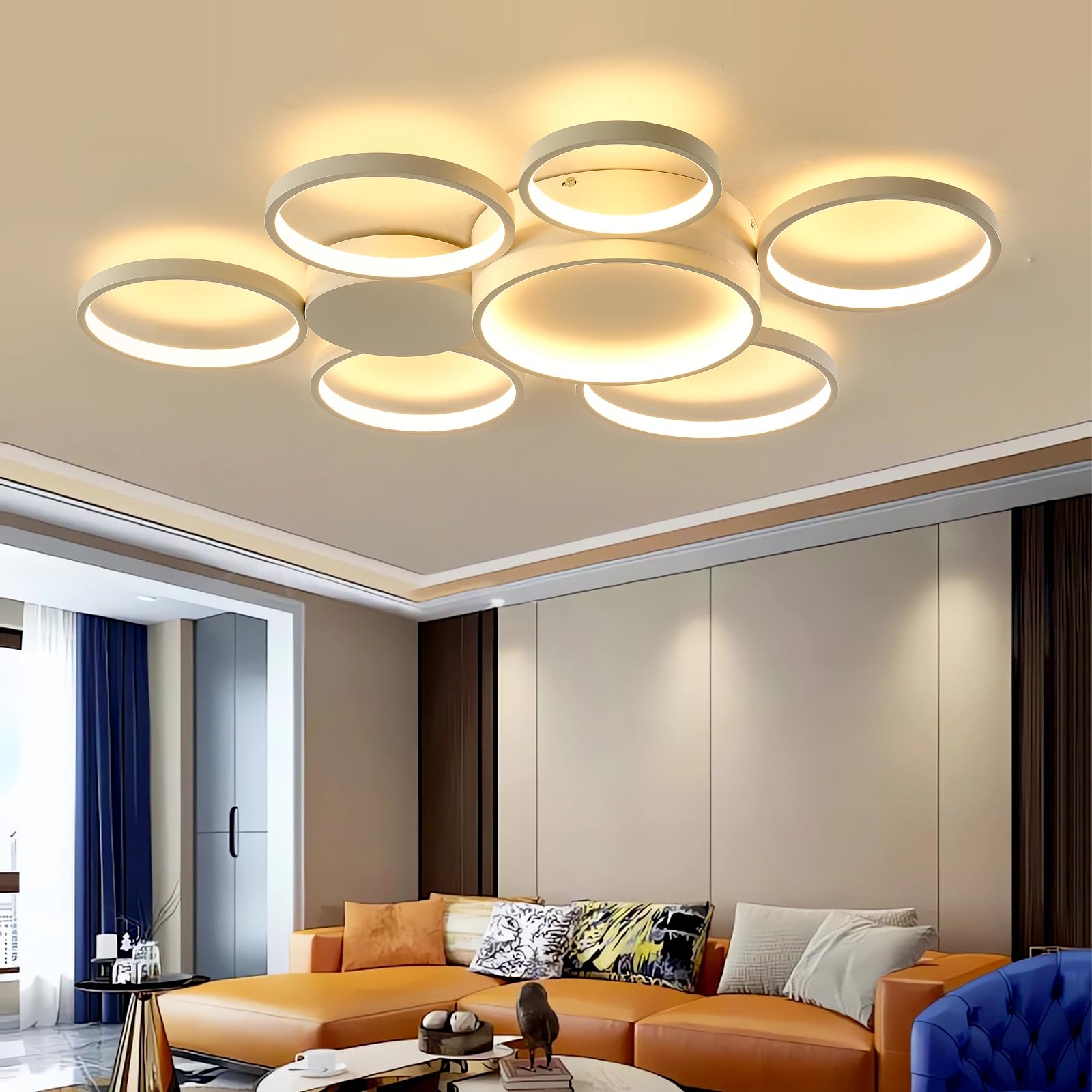 Moderne LED-Deckenleuchte 81cm Rund Acryl Dimmbar 7-Ring Flush Mount Deckenbeleuchtung mit Fernbedienung Einstellbare Farbtemperatur 3000K-6000K für Wohnzimmer Schlafzimmer Esszimmer (Weiß)