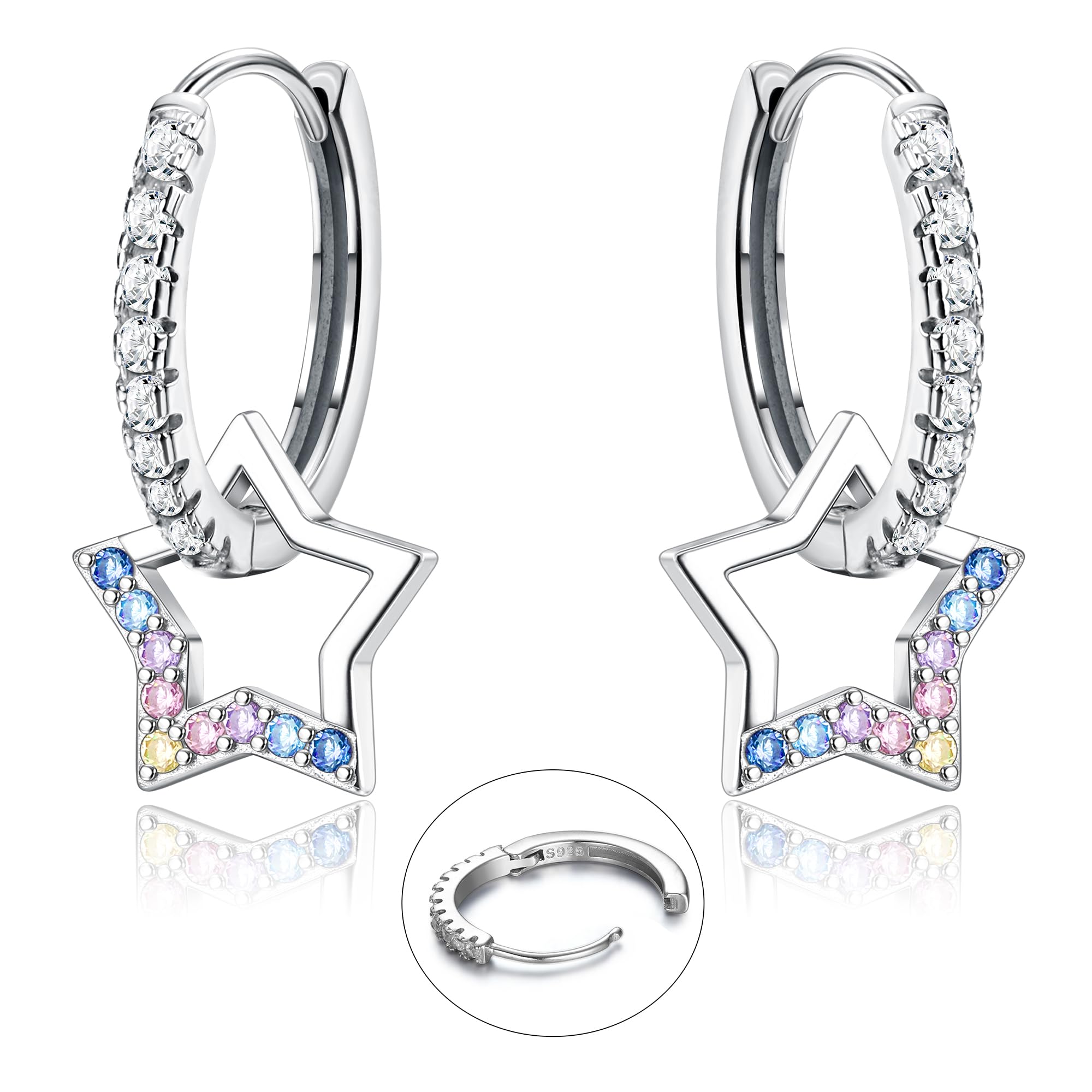 LOLIAS Plata Ley 925 Pendientes Aro Colgantes Estrella Pendientes Gota Pequeños CZ Corazón Mariposa Brillante Colorido Pendiente Aro Huggie Plata Hipoalergénico para Mujeres Niñas