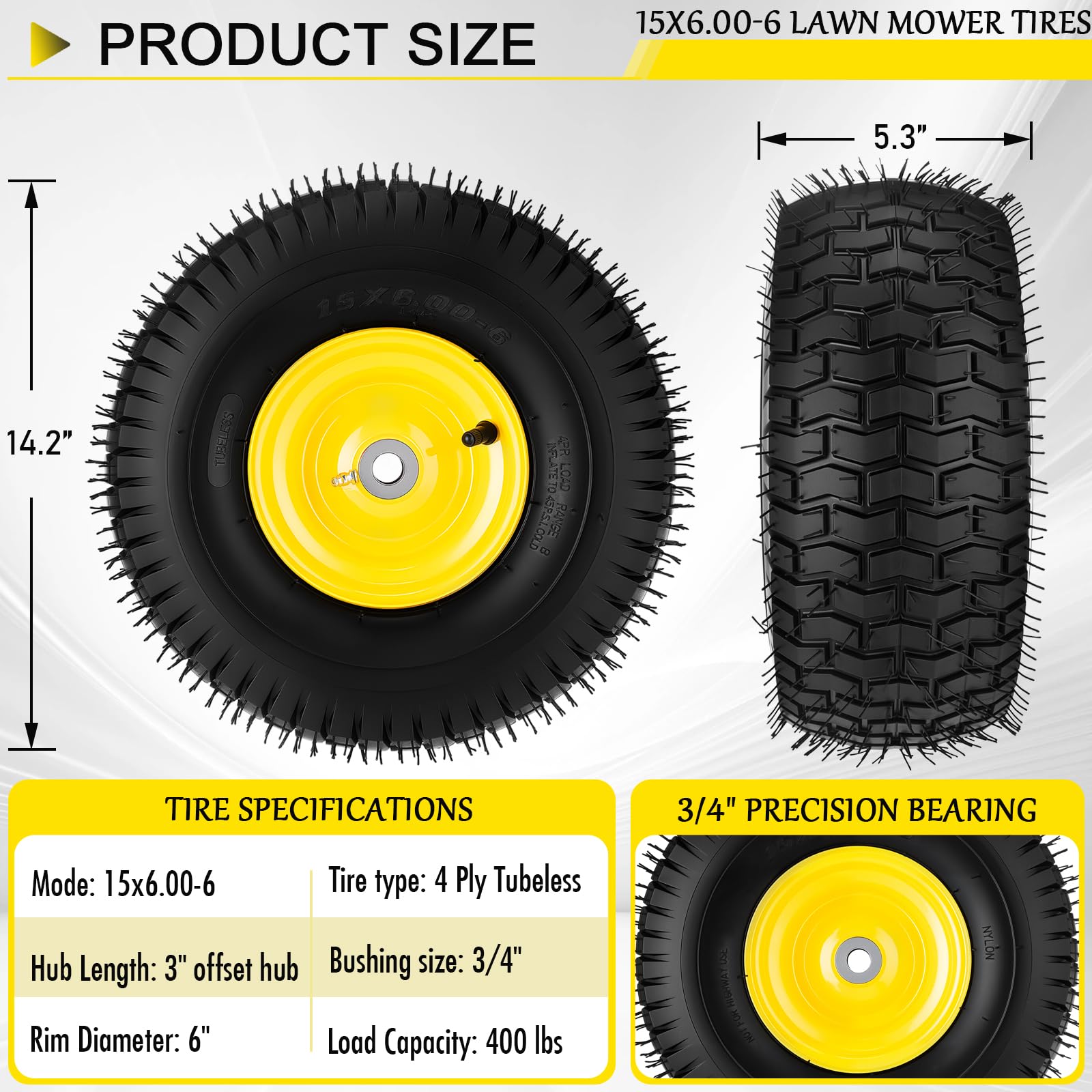 Neumáticos para cortacésped de 15 x 6.00-6NHS, neumáticos de 15 x 6.00-6 para cortacésped y rueda compatibles con John Deere Craftsman Husqvarna, neumáticos delanteros con rodamiento de 3/4 pulgadas