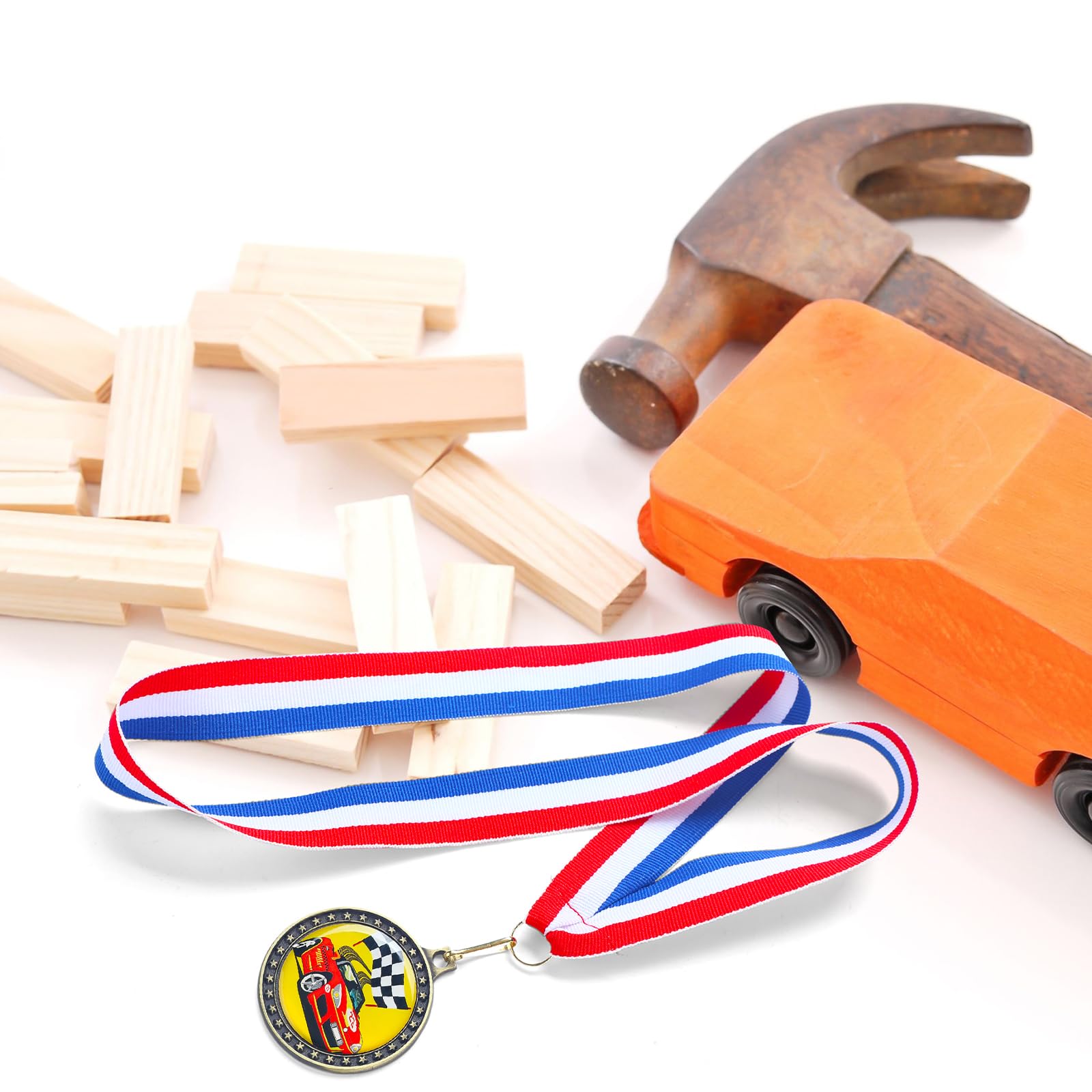 Huquary 20 medallas de premios Derby de coches de carreras con cinta para el cuello, premios de trofeo de metal, medallas para ganadores, medallas de participación de trofeos de coche, medallas de