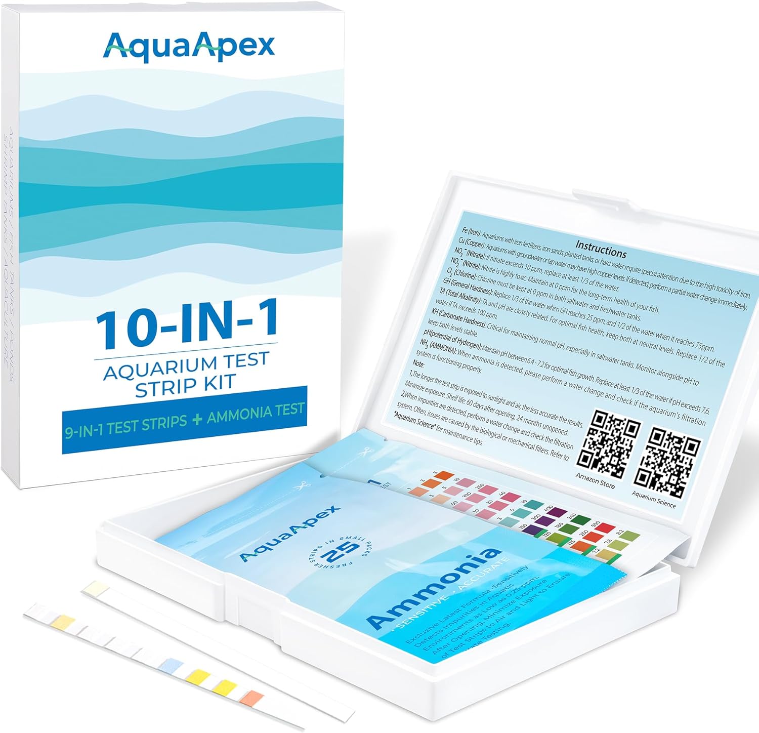 10-in-1 Aquarium Test Kit (50 Strips) 25 Multi-Test + 25 Ammonia | Ammonia Test kit Aquarium for Freshwater & Saltwater | Saltwater Test Strips for Fish Tanks, Ponds | Test Nitrate, pH & More.