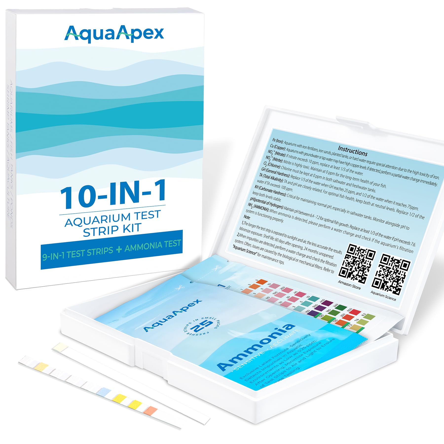 10-in-1 Aquarium Test Kit (50 Strips) 25 Multi-Test + 25 Ammonia | Ammonia Test kit Aquarium for Freshwater & Saltwater | Saltwater Test Strips for