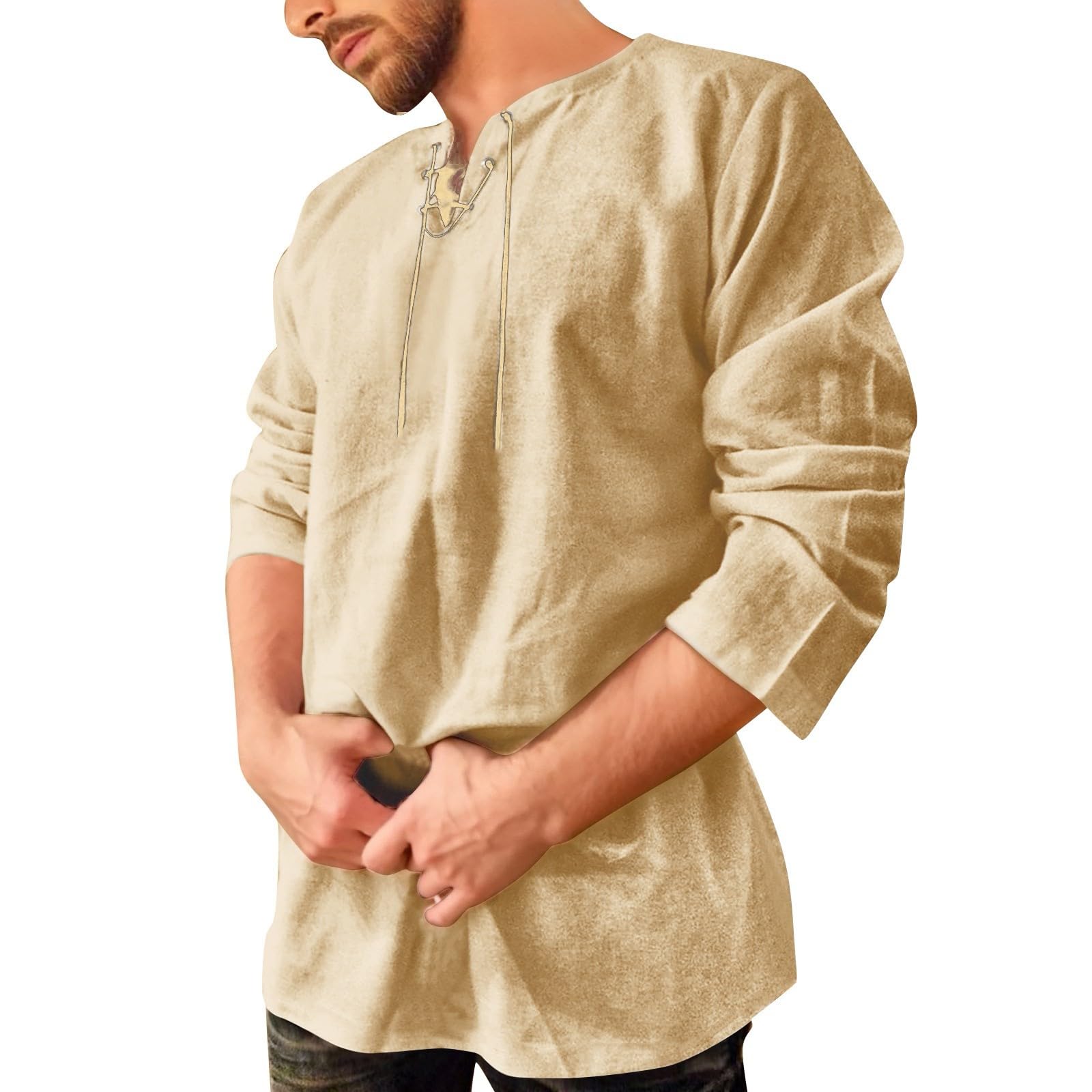 Celanisai Medieval Shirt Men's Tunic Linen Shirt Long Sleeve Retro Viking Shirts with Lacing Men's Casual Shirt Casual Fishing Shirt Viking Clothing Without Collar T-Shirt Plain Tops, O Beige, L