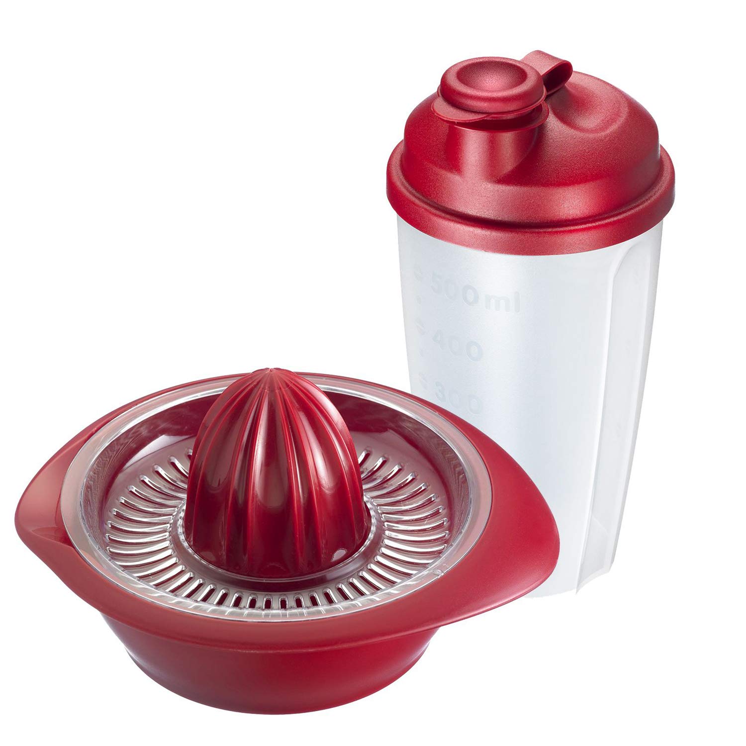 Westmark Fitness Set, 2 Items, Citrus and Orange Press and Dressing Shaker, Capacity: 0.5 L Each, Plastic, Mixery, Limetta, Red/Transparent, 3091226E