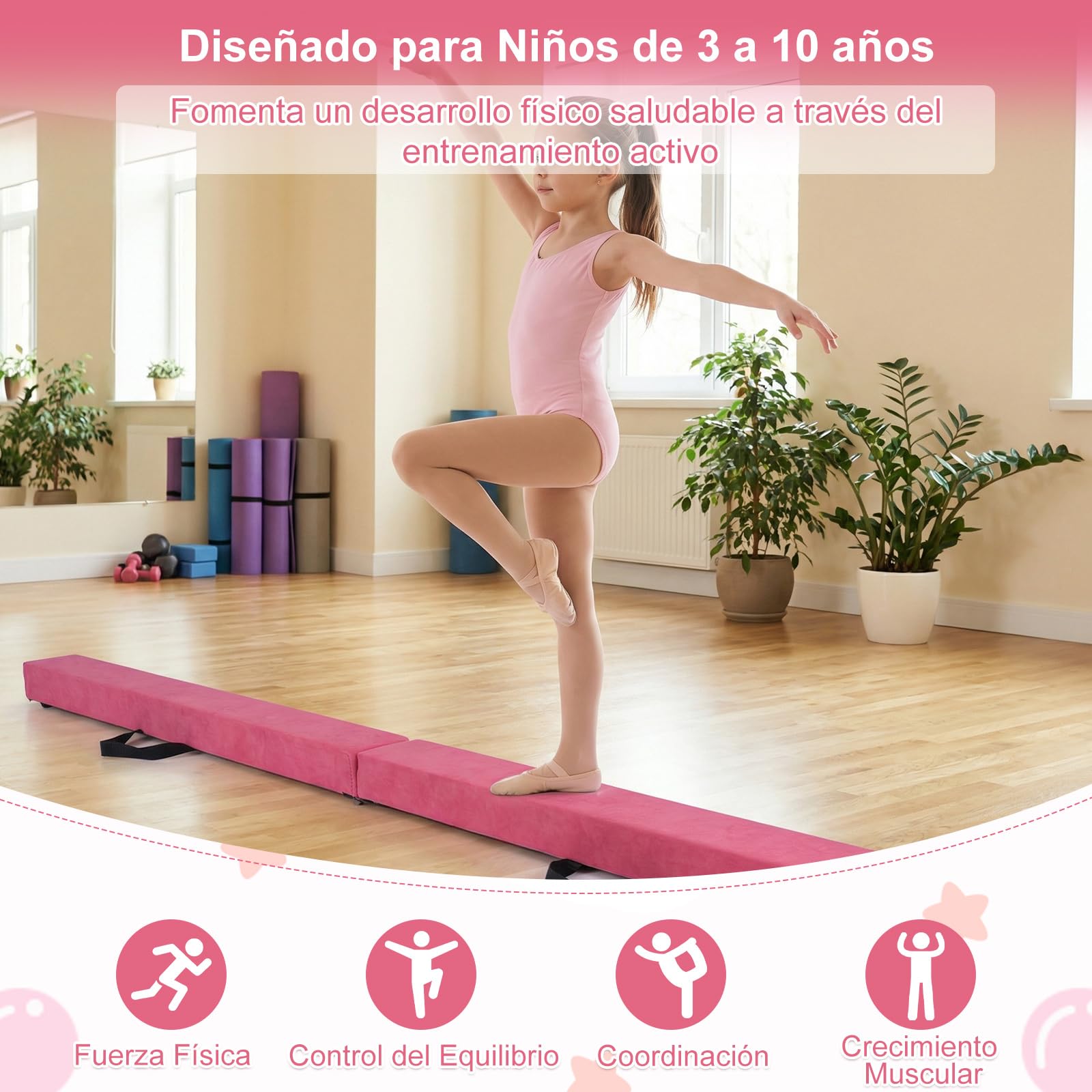 COSTWAY Barra de Equilibrio Gimnasia 210 cm, Viga Plegable con Empuñaduras para Niños