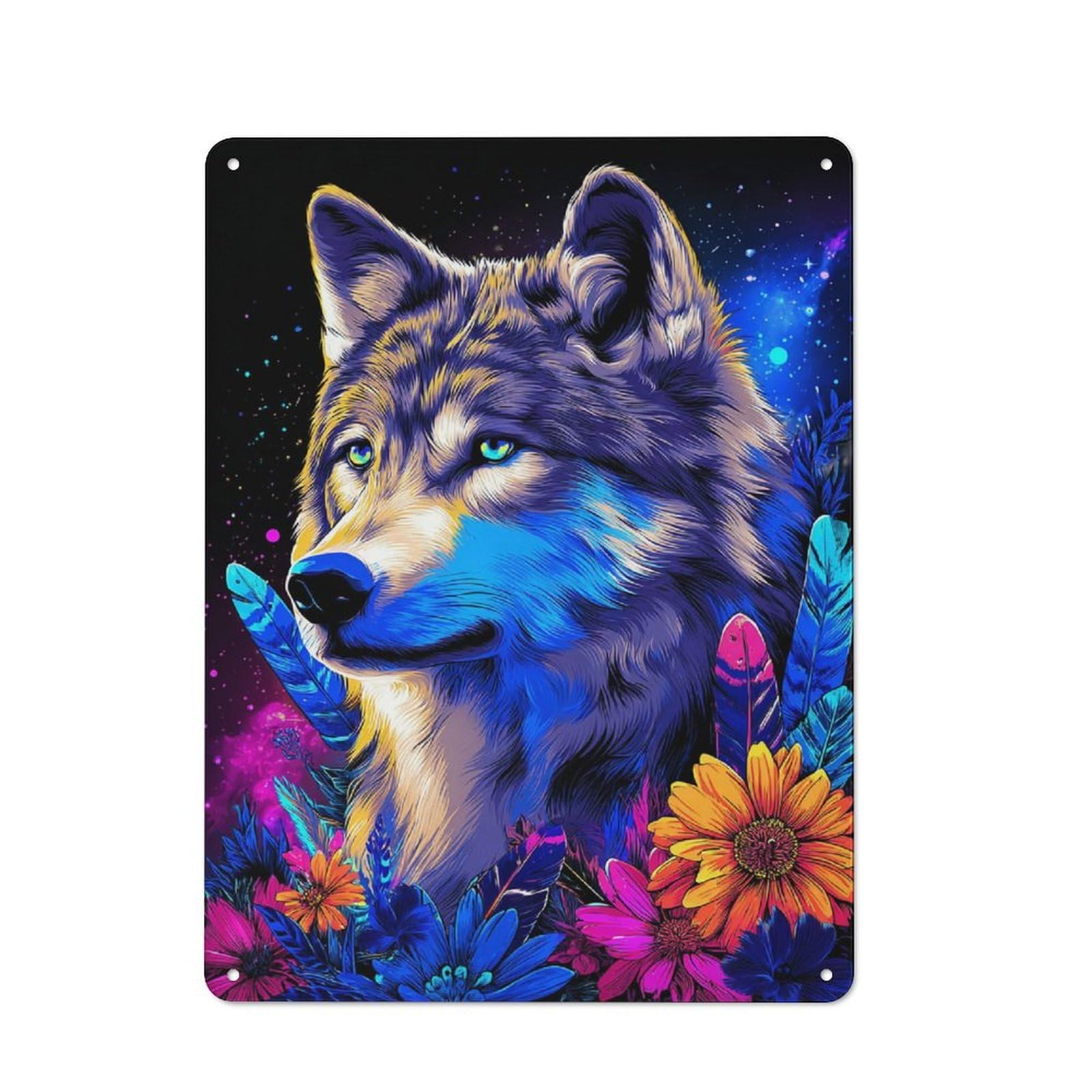 Junmoney Wolf In Vibrant Flowers Modern Vintage Metal Desk Wall Sign 40X30cm, Office Wall Decor For Office, Study, Studio Or Hallway