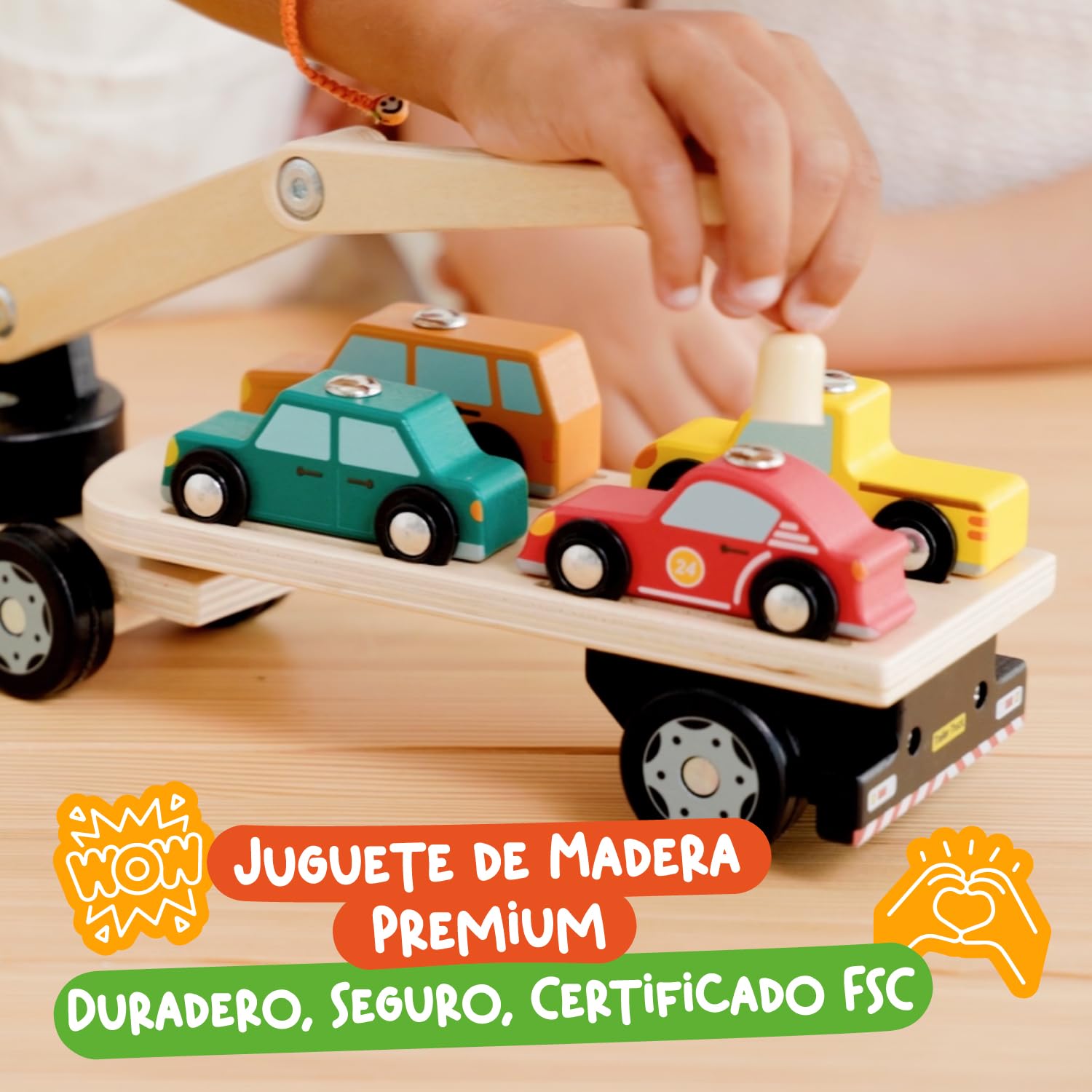 Nene Toys Camión Grúa de Madera con 4 Coches Magnéticos y Remolque Desmontable – Juguete Educativo para Niños 2+ Años – Vehículos Montessori Interactivos – Regalo Niños Niñas 2 3 4 Años