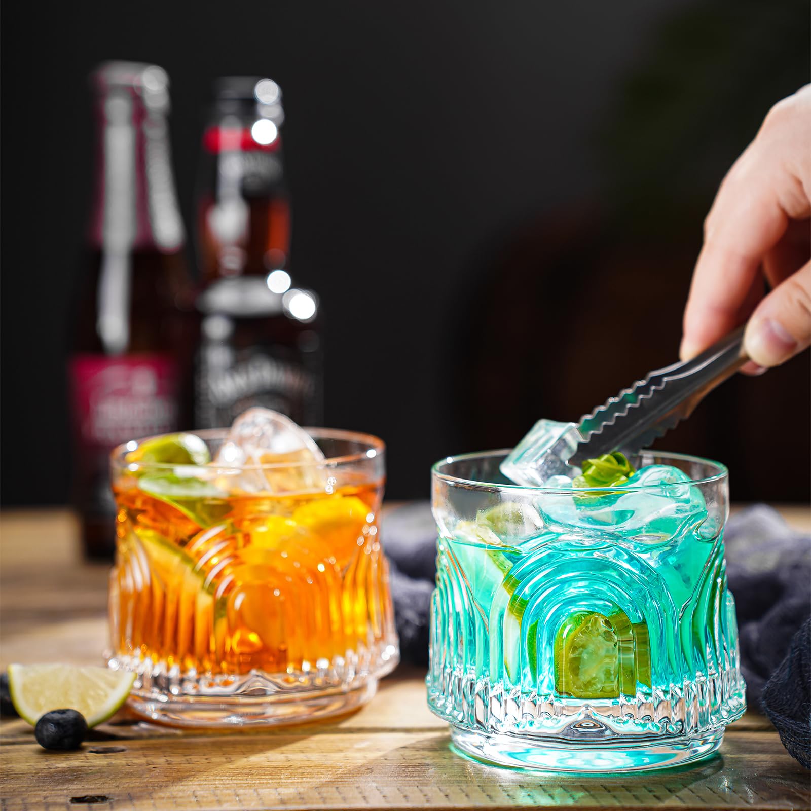 Vintage Trinkgläser, Set mit 4 handgefertigten Glasbechern, 2 Highball-Gläsern, 480 ml & 2 Rocks-Gläser, 284 ml, Mojito-Becher, Cocktailglas, Bar-Glaswaren-Set für Cocktail, Bier, Whiskey