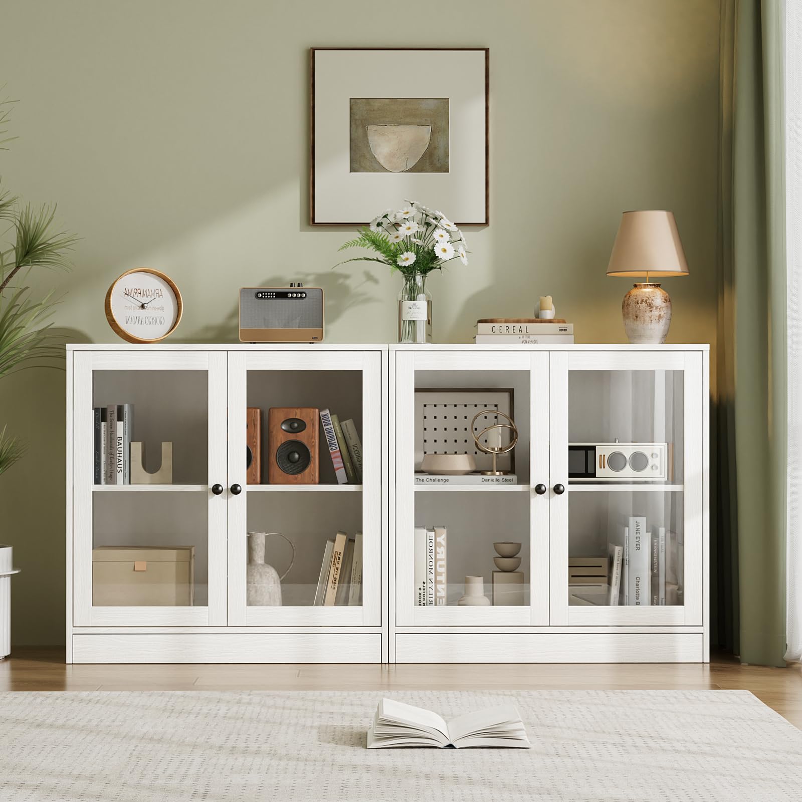 VOWNER Lot de 2 buffets avec 2 portes en verre, armoire de buffet, armoire de cuisine avec plan de travail, armoire de buffet, meuble TV, armoire de rangement pour salon, chambre à coucher, 40 x 80 x