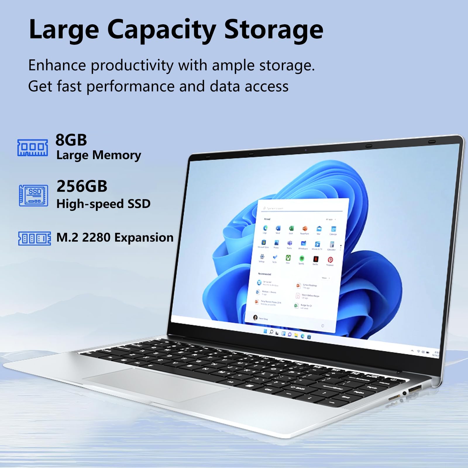 PC Portatile 14 Pollici, Notebook 8GB RAM LPDDR4 256GB SSD, Celeron J4125 CPU, Windows 11 notebook con Mini-HDMI+USB3.0+TF Card Slot+BT5.0, Laptop con FHD(1920x1080)Schermo Convertibile 180°