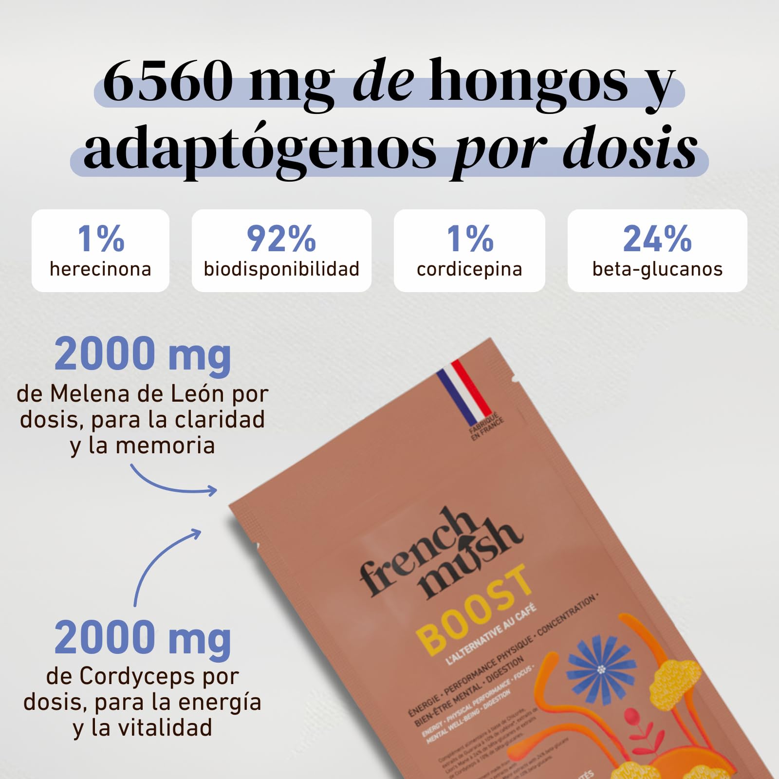 French Mush BOOST - Alternativa al Café con Hongos Adaptógenos Bio: Lion’s Mane & Cordyceps Bio - Enfoque, Energía & Digestión - Alternativa Vegetal al Café - 20 Dosis