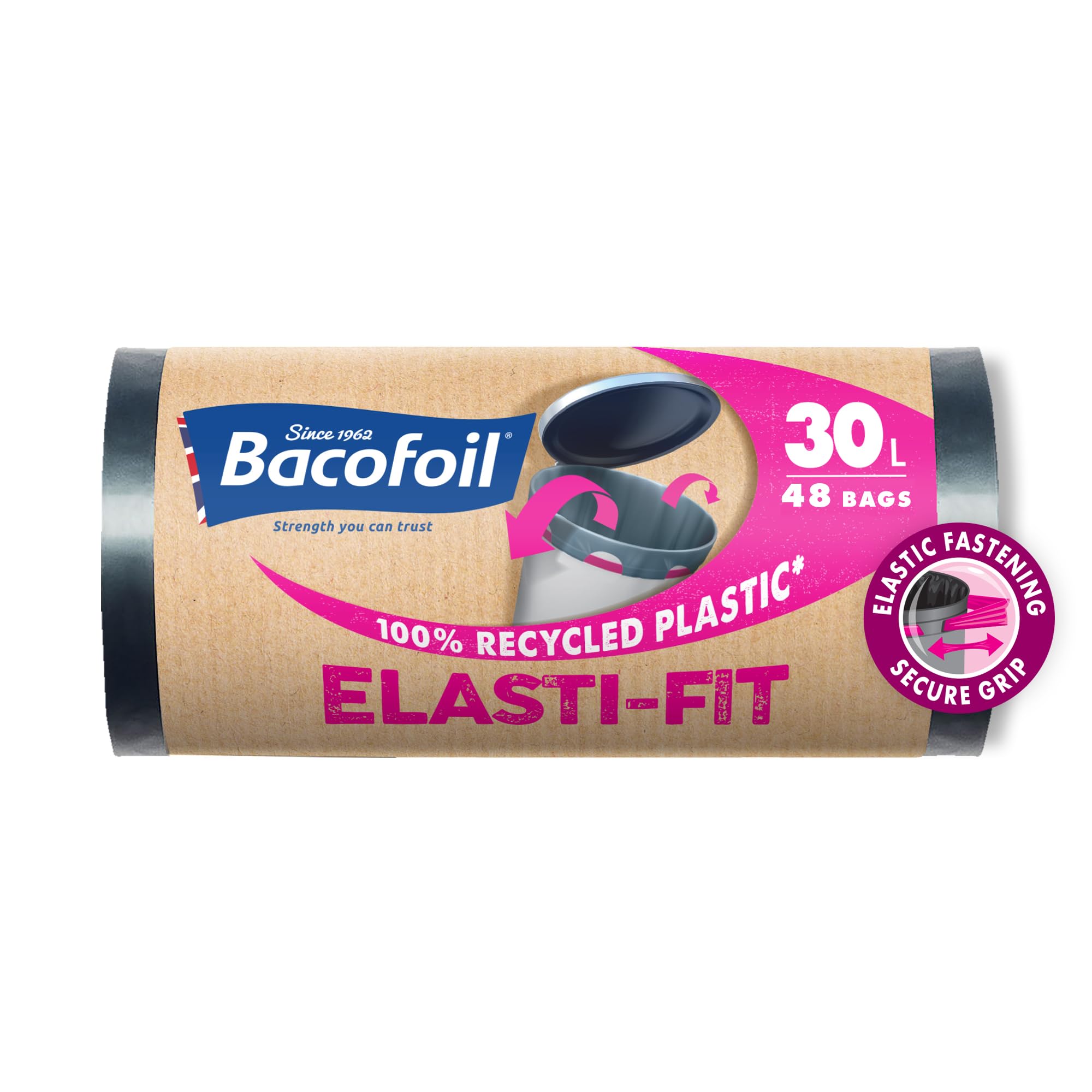 Bacofoil Elasti-Fit Bin Liners with Drawstring Handles 30L - Leak-Proof Bin Bag with Elastic Fastening for a Secure Fit (4 Rolls, 48 Bags)