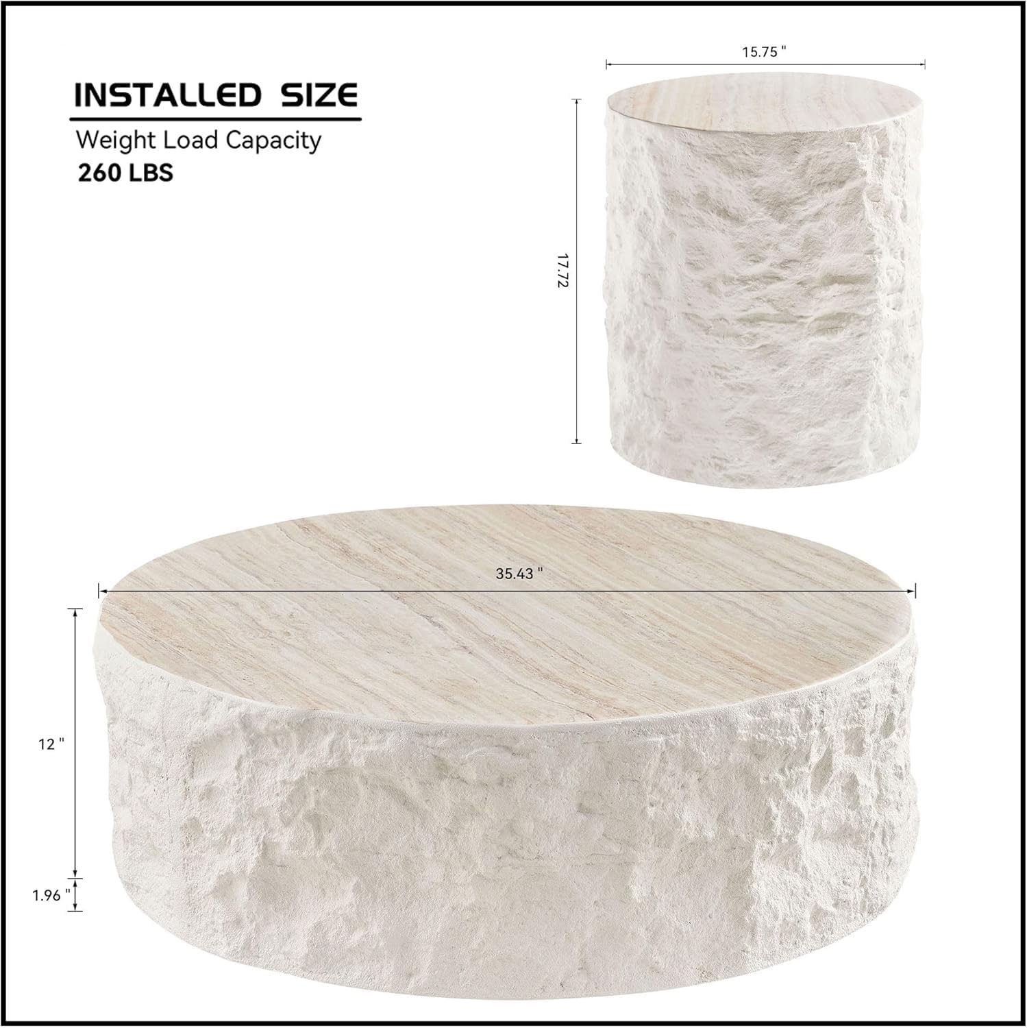 35.43'' Modern Round Coffee Table Set of 2 Concrete Coffee Tables Faux Stone Coffee Table Side Tables Set 2 Piece for Living Room Apartment No Need Assembly Fiberglass Beige Modern