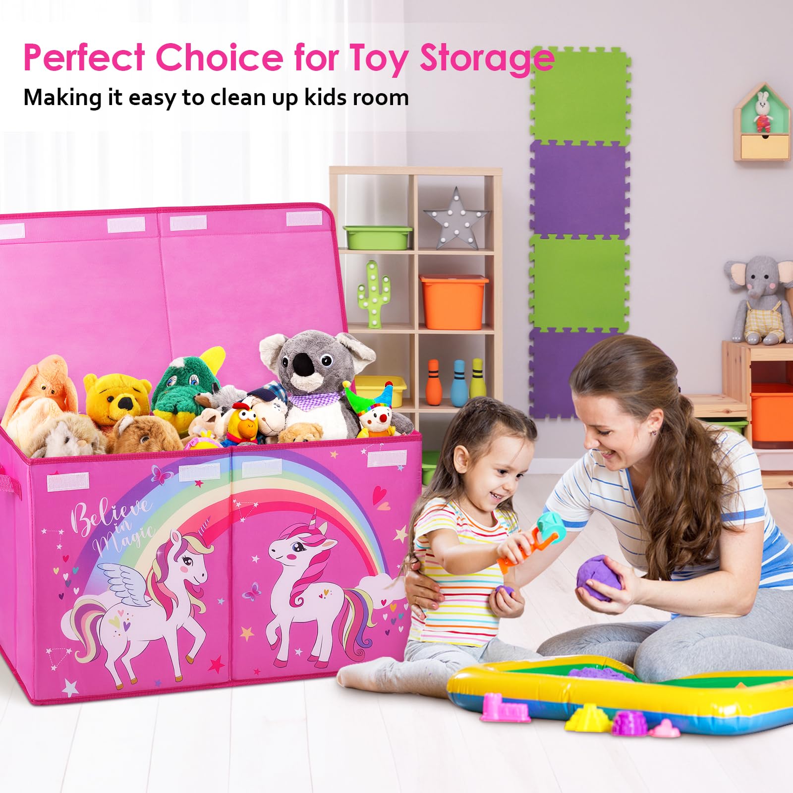 Aufbewahrungsbox mit Deckel für Kinder, Große Faltbar Oxford Spielzeugkiste mit Griff für Jungen Mädchen, Wasserdicht Robust Spielzeug Aufbewahrung im Kinderzimmer, 65×30×40 cm(Einhorn Regenbogen)