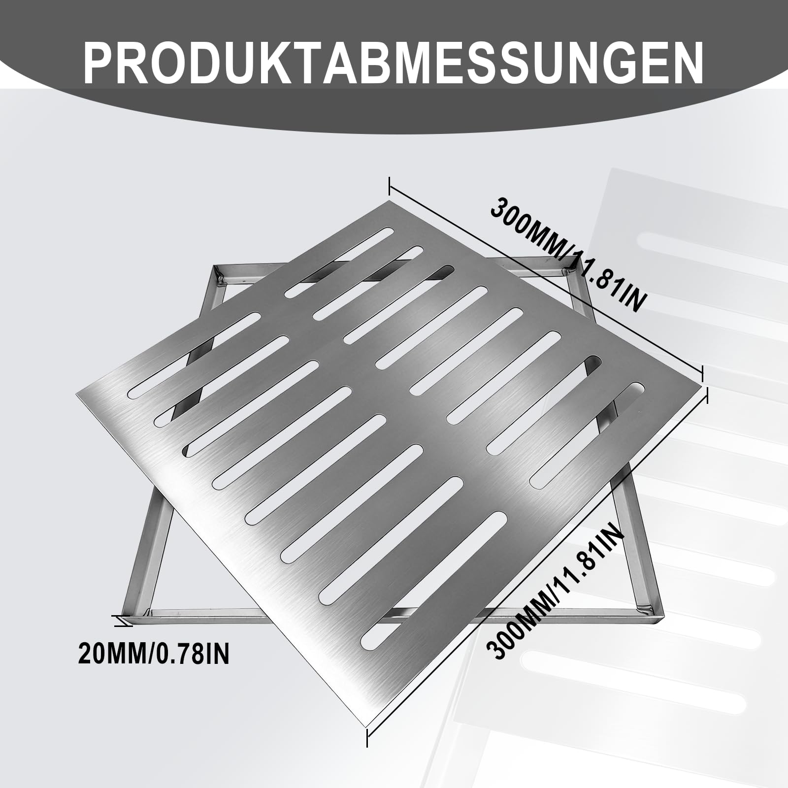 300 x 300 x 20 mm Quadratische Abflussabdeckung aus Edelstahl
