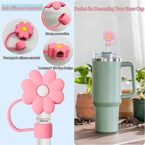 Miniatura 2 de 10 tapas de pajilla, bonita cubierta de paja 3D con diseño de flores para vaso Stanley de 30 y 40 onzas, cubierta de popote de silicona para vasos