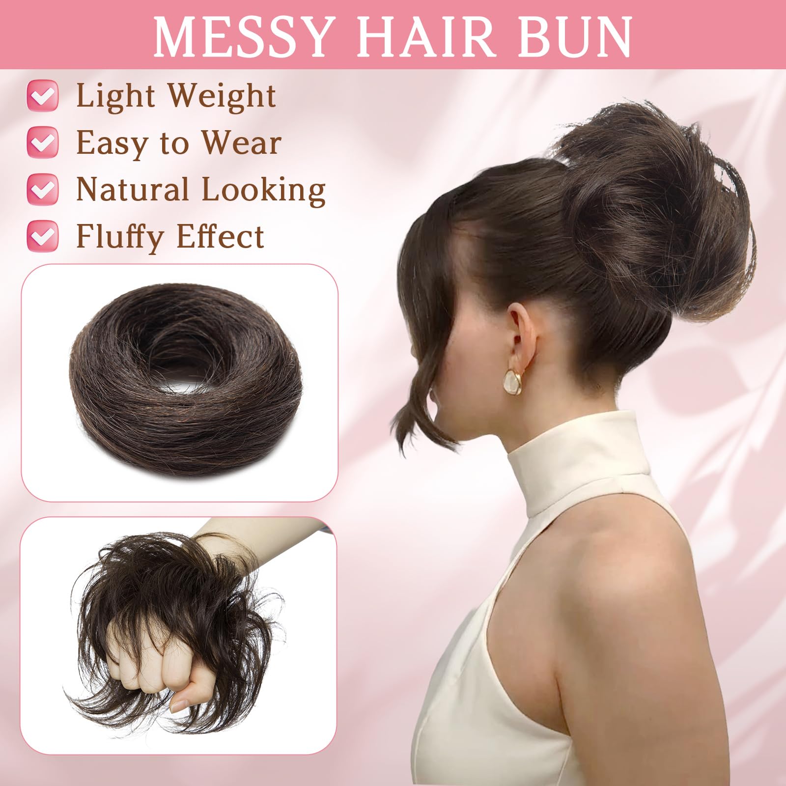 Benehair Human Hair Messy Bun Straight Hair Scrunchies for Women Elastic Hair Bun Hairpiece Donut Accessories #2 Dark Brown 17g - Image 2