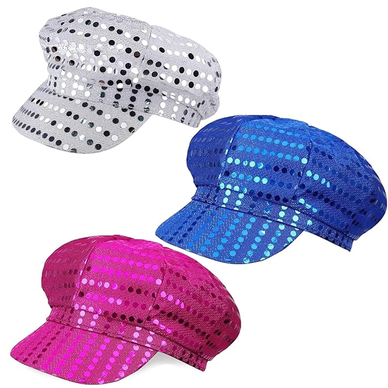 WORUIB Sequin Hat, Abba Fancy Dress Costume, 3 Pack Silver Blue Rose