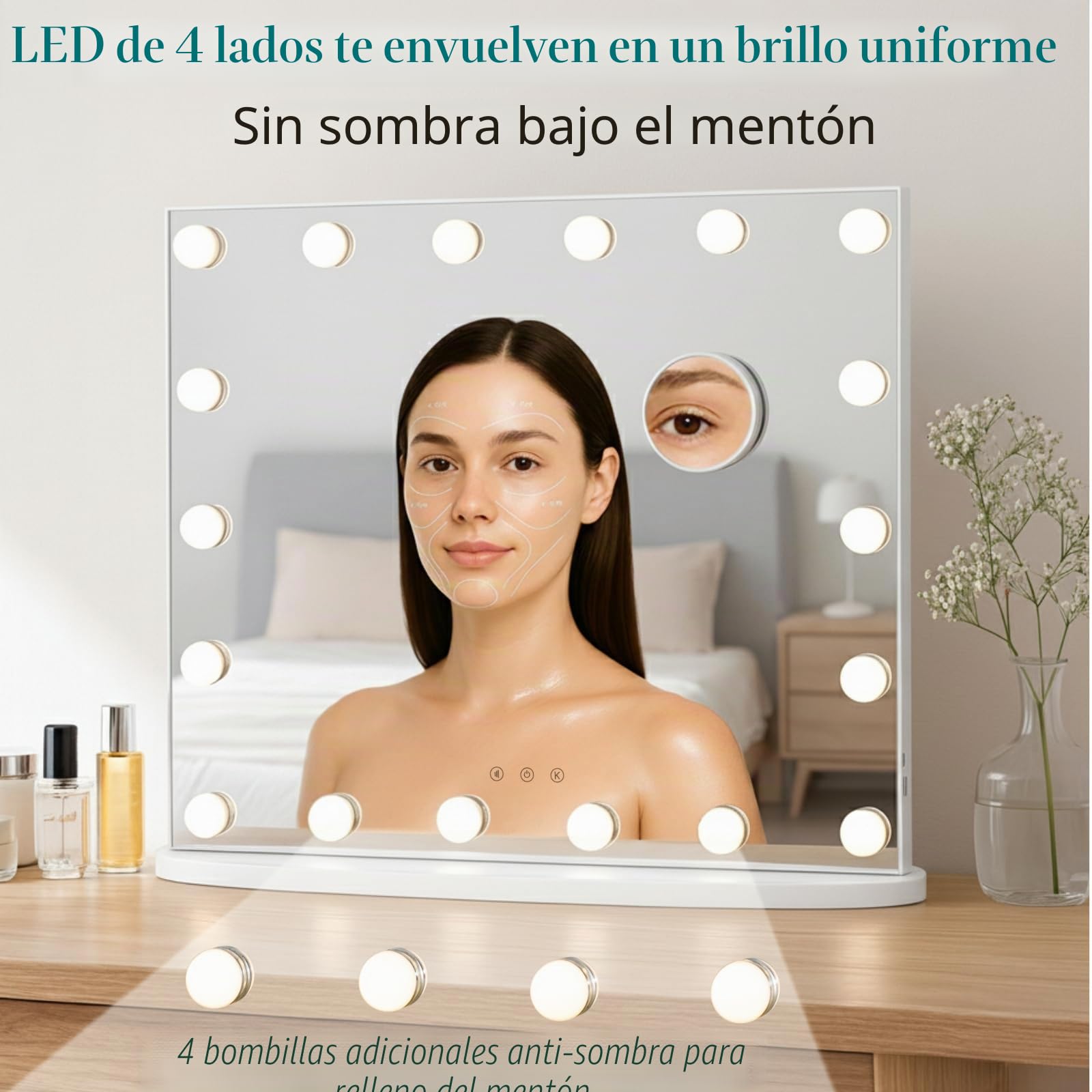 LUXFURNI - Espejo de cambiador de Hollywood de 26 x 21 pulgadas con luces, 18 bombillas LED con iluminación, espejo de maquillaje iluminado de 3 colores, mesa y montaje en pared, espejo de aumento de