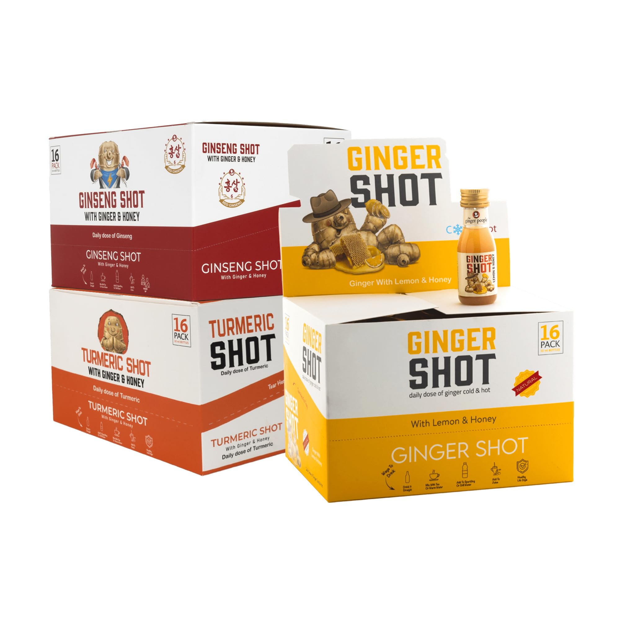 Ginger Shots with Lemon & Honey, Ginseng with Ginger, Turmeric with Honey Shot (Pack of16 Each, 3 Sets)