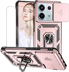 Capa para Xiaomi Poco X6 e Redmi Note 13 Pro 5G Capinha | com 2 peças de protetor de tela temperado com janela deslizante da câmera e suporte para telefone incluídos - Rosa