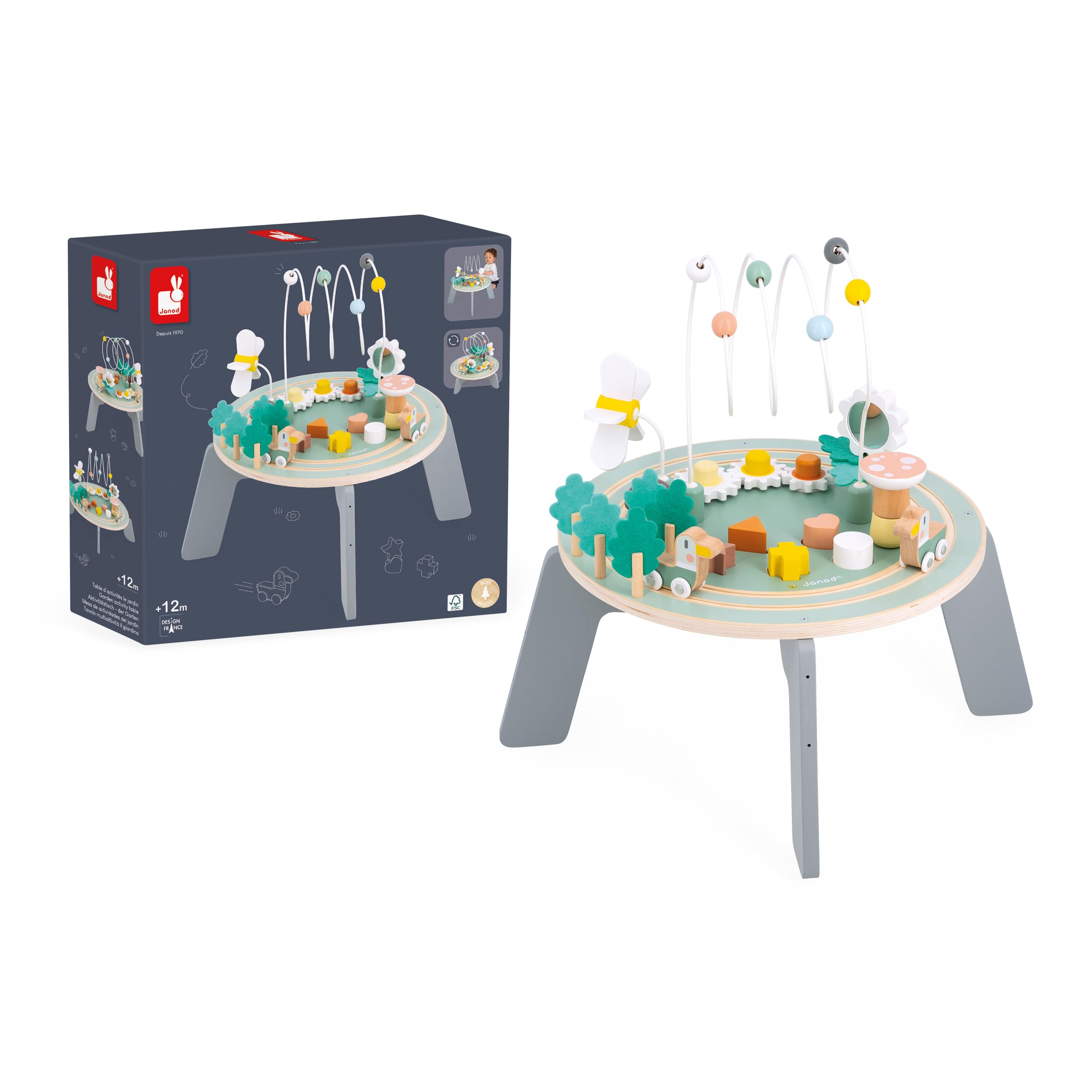 Janod - Mesa de Actividades de Madera Sweet Cocoon - 9 Actividades Infantiles - Juguete de Estímulo - Ejercita Motricidad Fina - Mesa de Madera FSC - Tema Jardín - A Partir de 12 Meses, J04045
