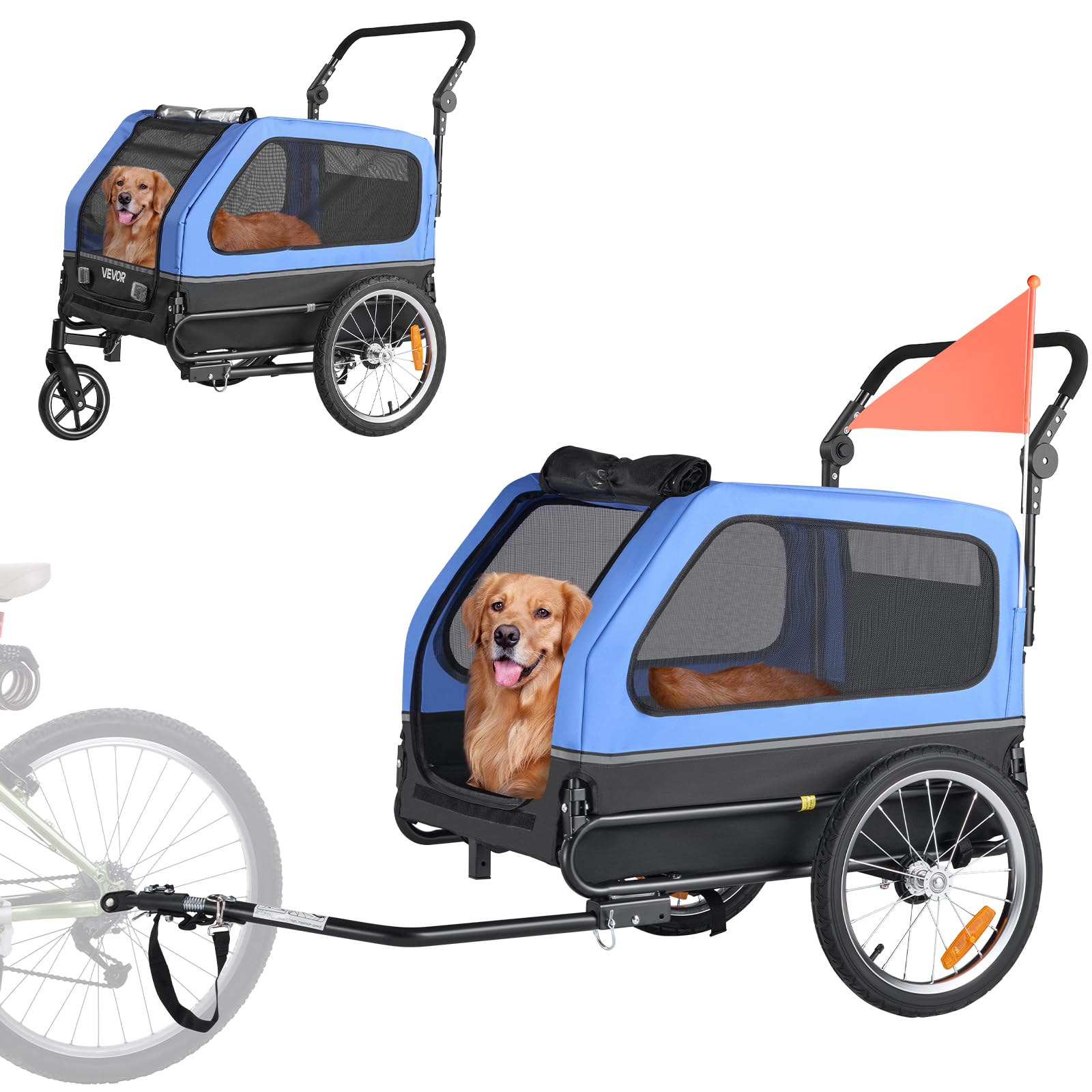 VEVOR Rimorchio per Bici per Cani, Supporta Fino a 40 kg, Carrello Portabici, Telaio Pieghevole Facile con Ruota a Sgancio Rapido, Attacco Universale per Bicicletta, Guinzaglio Interno