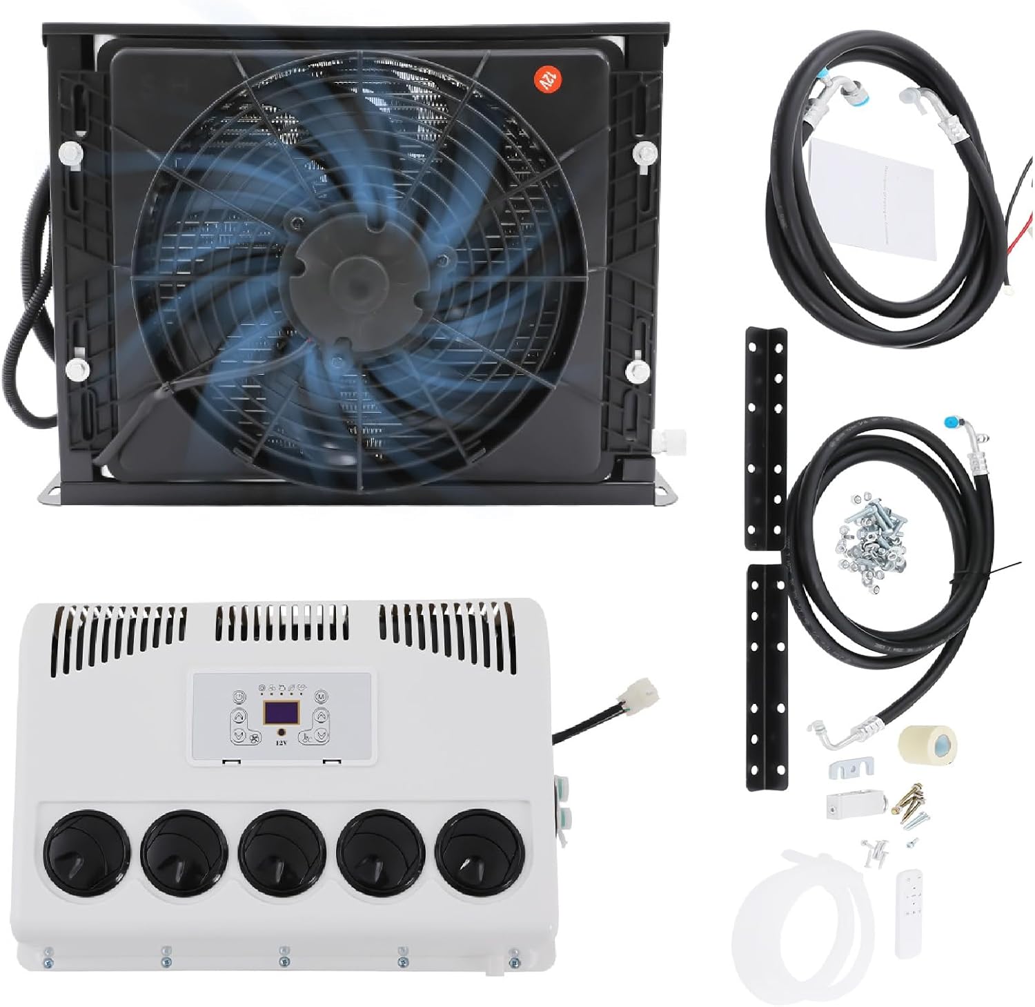 600W 12V Car Air Conditioning Kit, Complete AC Internal & External Units with Remote, Universal Auto AC Unit for Trucks, Vans, Excavators & Caravans