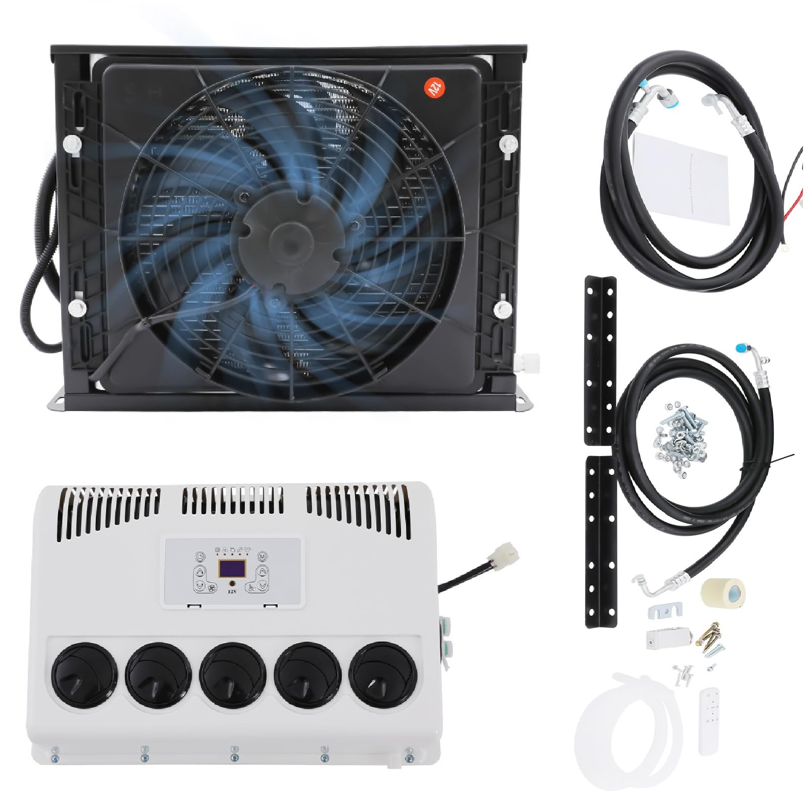 600W 12V Car Air Conditioning Kit, Complete AC Internal & External Units with Remote, Universal Auto AC Unit for Trucks, Vans, Excavators & Caravans
