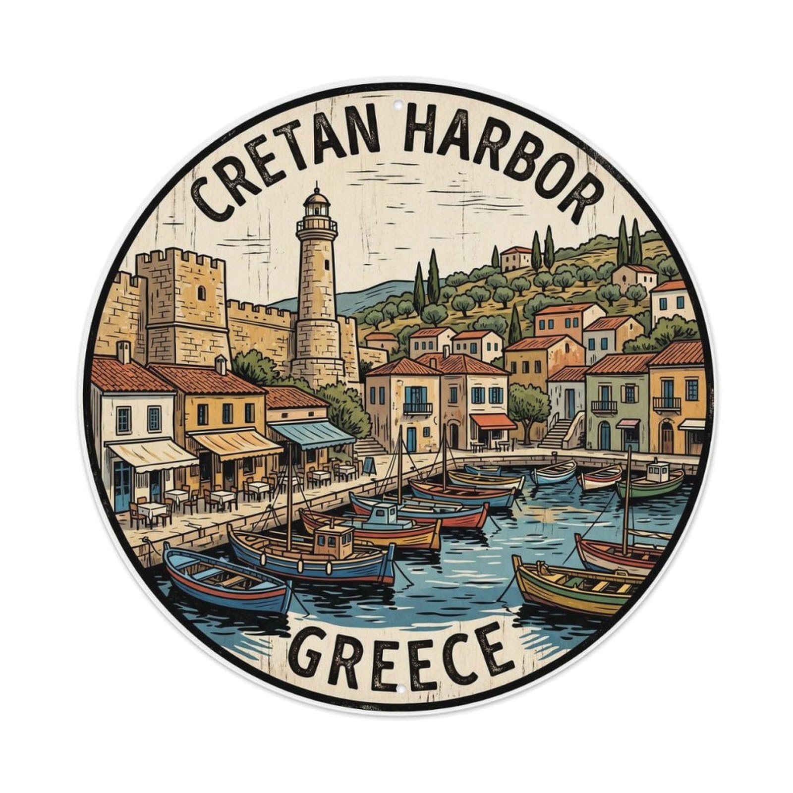 Vintage Travel Cretan Harbor Greece Bay Metal Tin Sign