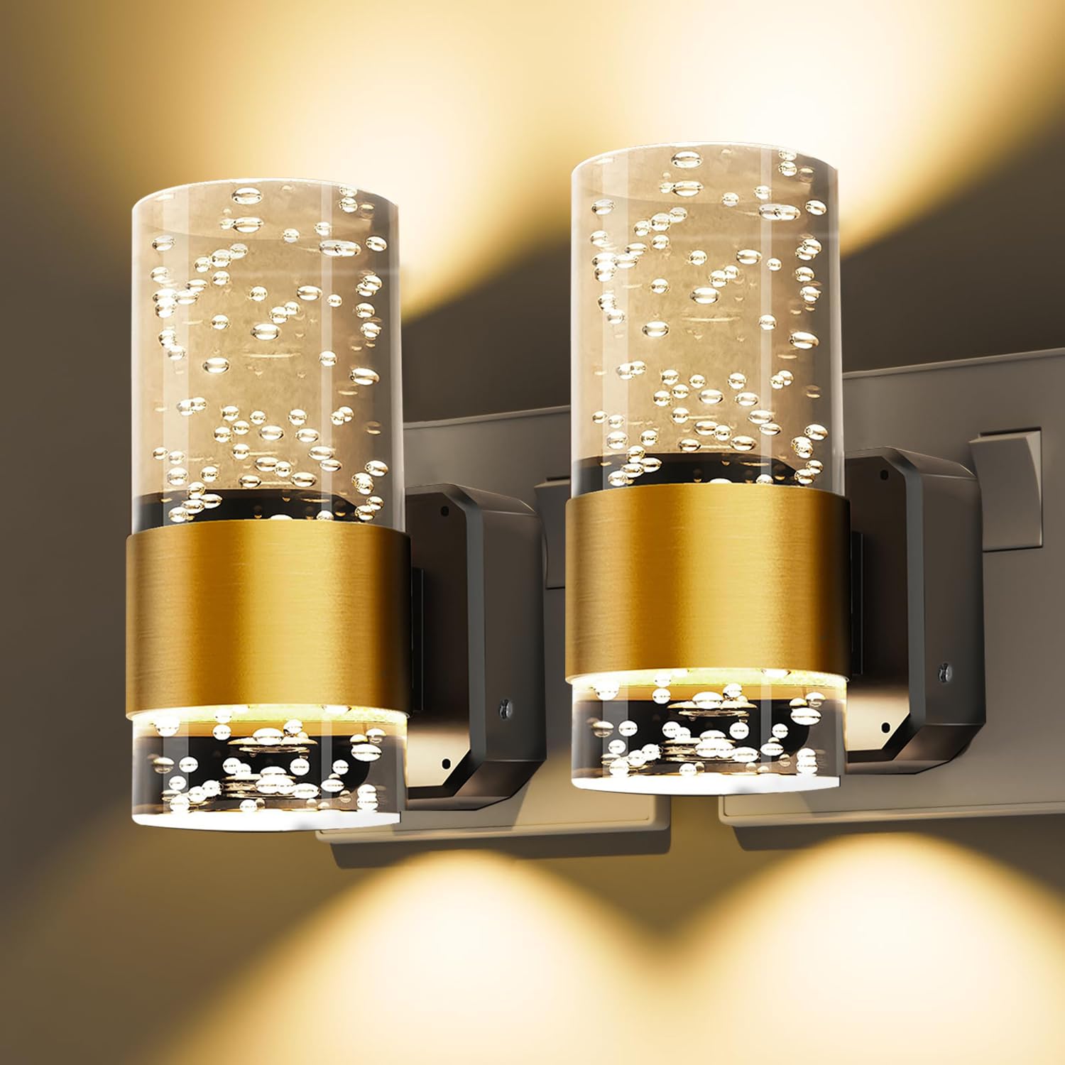 Funcuki Gold 2 Pack Night Light Plug In Wall, Modern Light With Dusk To Dawn Sensor, Adjustable Brightness 0-100Lm, Warm White 3000K, Dimmable For Hallway Bedroom Stair Bathroom Toddler, Acrylic