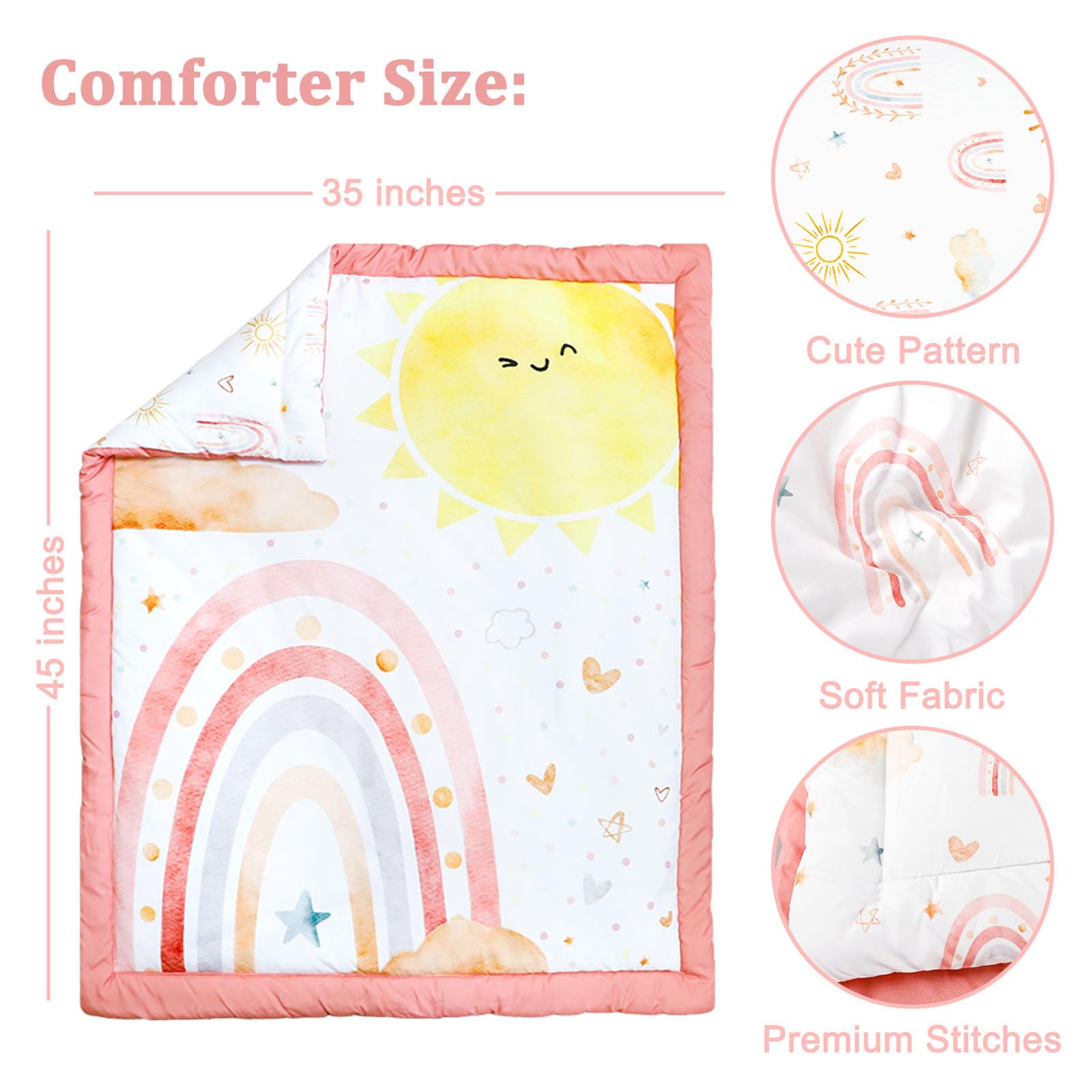 Juego de ropa de cama de cuna de 4 piezas para niñas, incluye edredón, sábana bajera ajustable, falda de cuna y apilador de pañales, arcoíris rosa