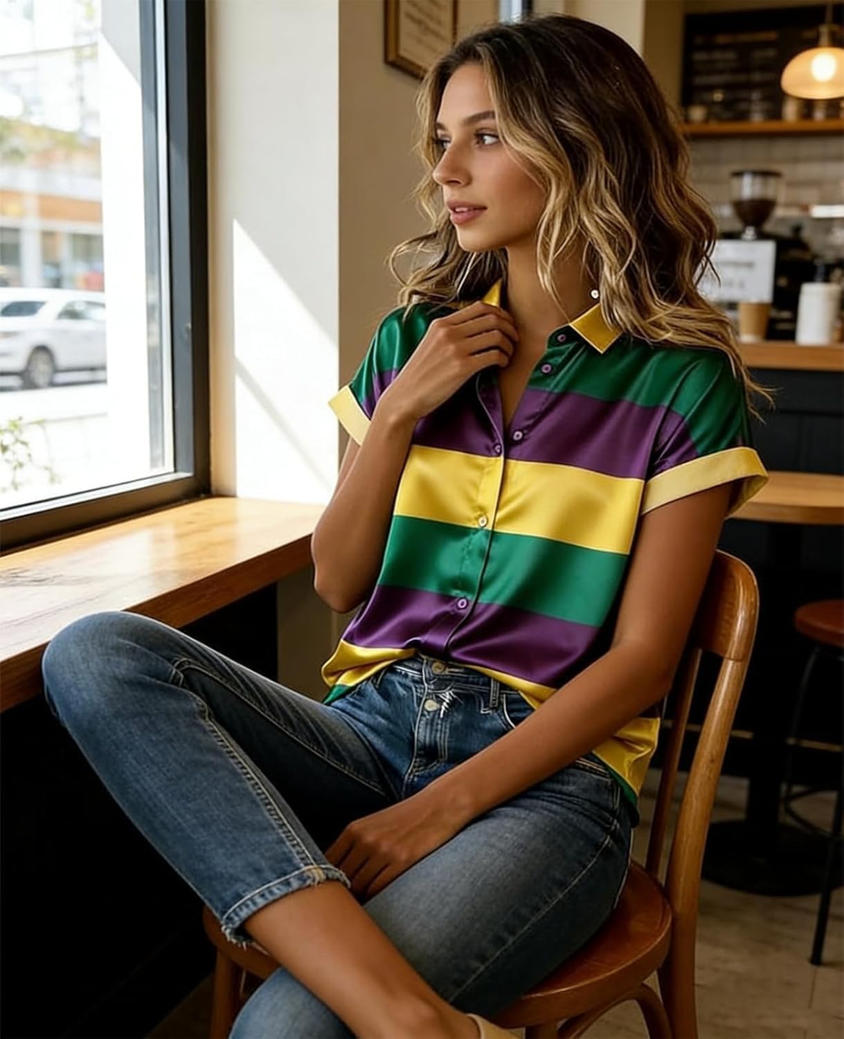 Women Mardi Gras Shirts Short Sleeve Striped Button Down Collar Shirts Casual Costume Carnival Party Tee Outfit - Image 6