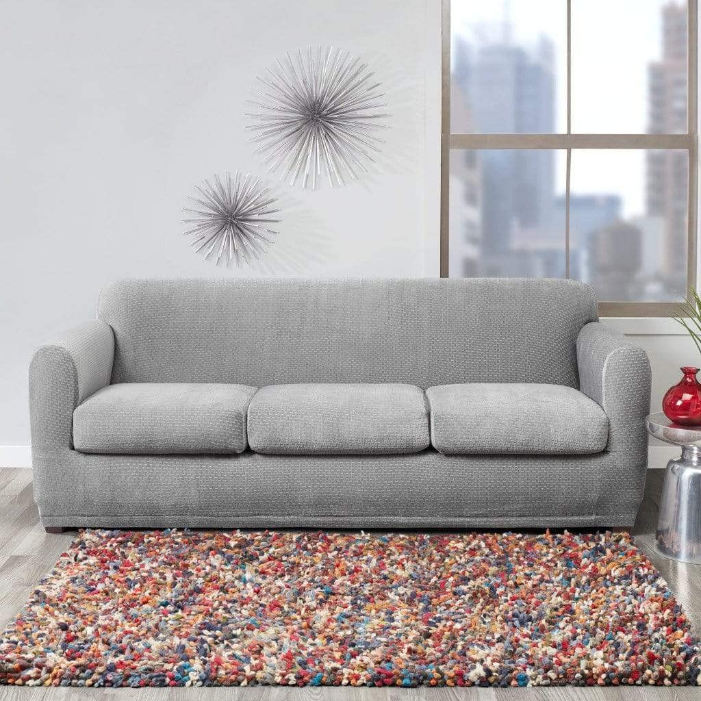 SureFitStretch Modern Block Four Piece Sofa Slipcover | Form Fit | Individual Cushion Covers | Machine Washable Sofa/Gray