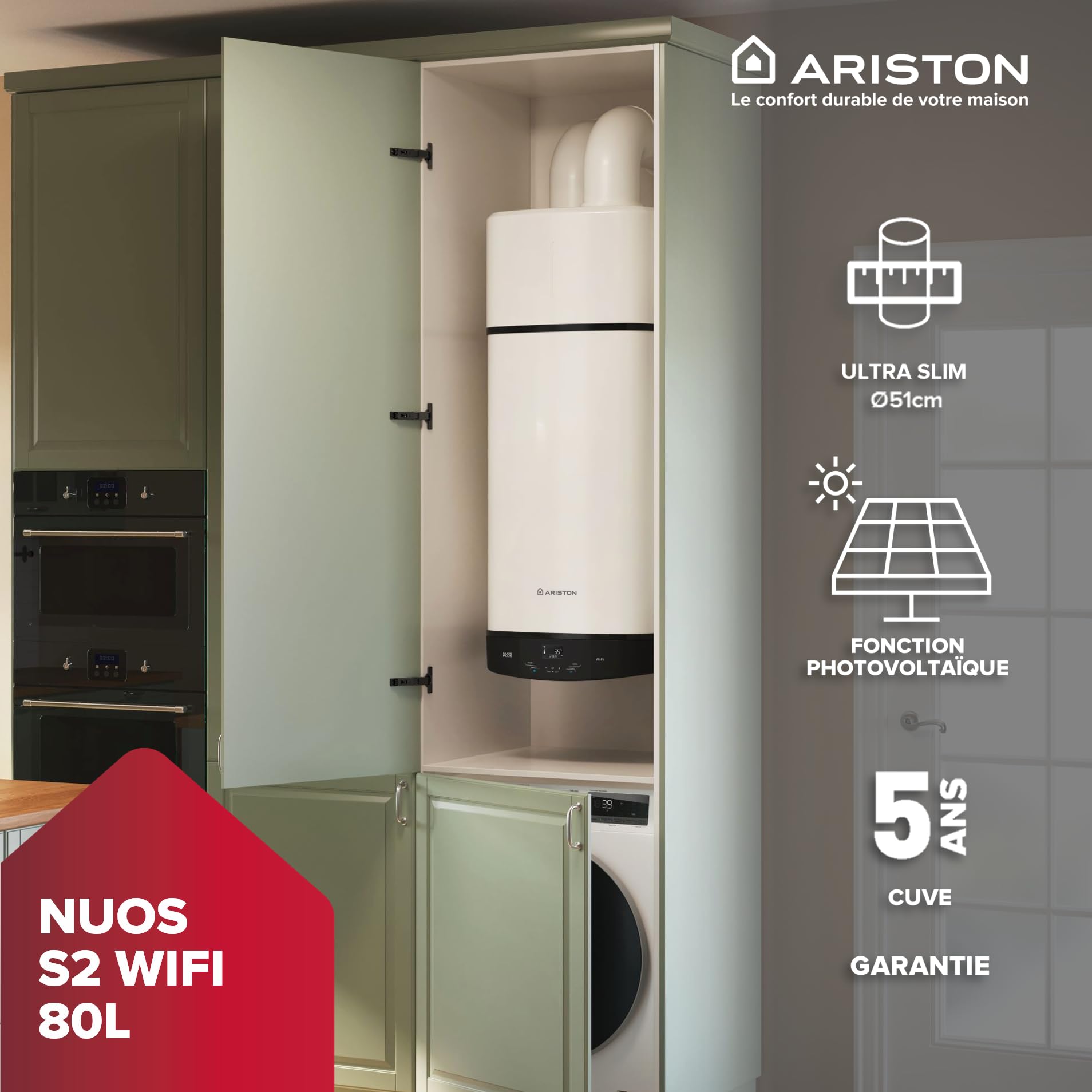 Ariston NUOS PLUS S2 WIFI 80L, Chauffe-Eau Thermodynamique Mural R290, 80% d'Économie d'Energie, Compatible Photovoltaïque, Silencieux 45 dB(A), COP 2.77, Conçu pour être installé en France