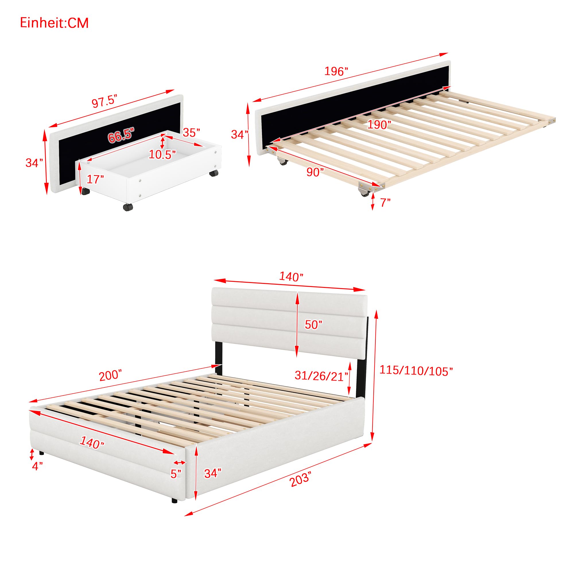 Platform Bed with Storage Machine for Two and Two Drawers, Beige, 140x200 cm