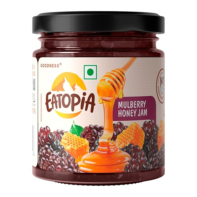 Eatopia Mulberry Sugar Free Honey Jam in Fresh with 70g of Real Fruit Pieces & 30% Wild Honey | 100% Pure & Natural with No Artificial Chemicals/Preservatives | Healthy Good for Gut Health (240g)