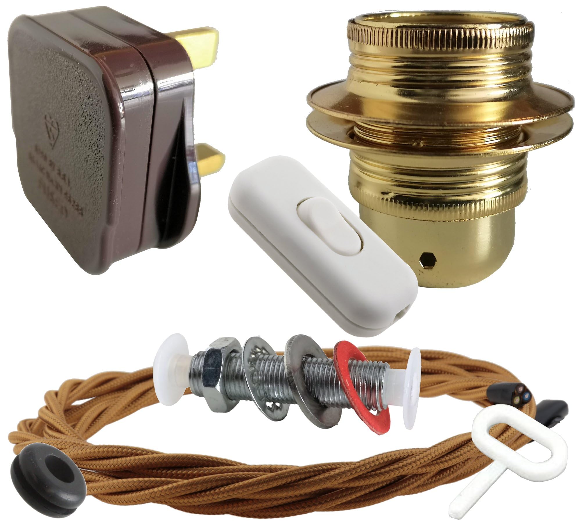 Art Deco Emporium Lamp Repair and Service Kit|Brown Plug|Antique Gold Flex|White Switch|E27 Brass Finish Lamp Holder Holder