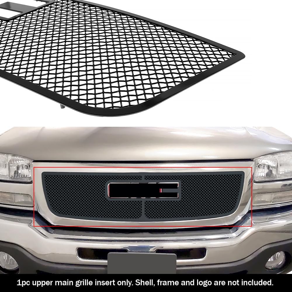 APS Premium Stainless Steel Black Mesh Grille Grill Insert Compatible with GMC Sierra 1500 2500 HD 3500 2003 2004 2005 2006 & 2500 03-04 & 07 Classic Main Upper N19-H17757G