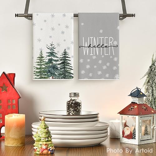 Miniatura 2 de Artoid Mode Juego de 4 toallas de cocina con diseño de muérdago de copo de nieve y árbol de Navidad, 18 x 26 pulgadas, diseño de Hello Winter Decor