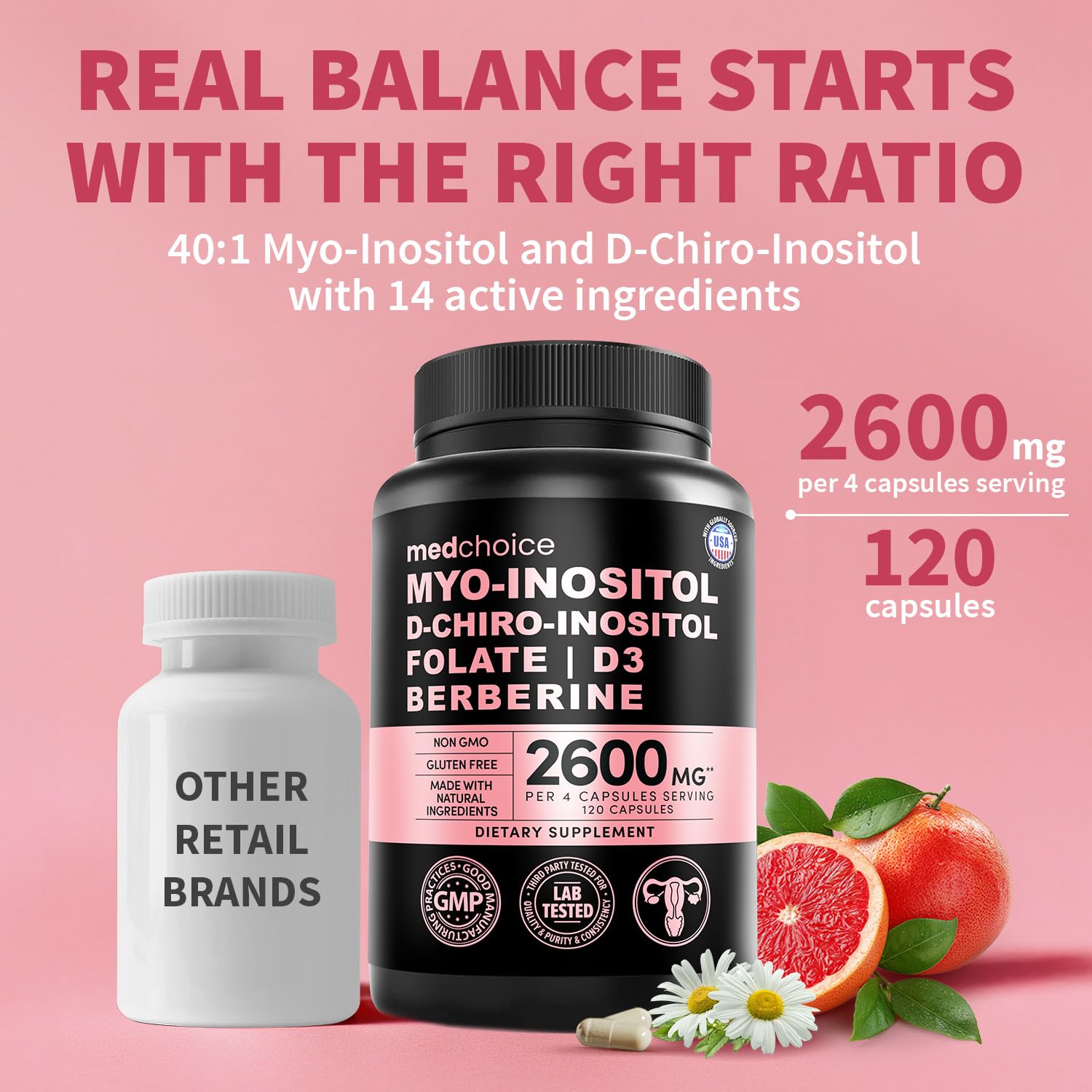 MEDCHOICE Myo-Inositol 40:1 Supplement with Folate, Vitamin D3, 120 ct — Amazon image 2
