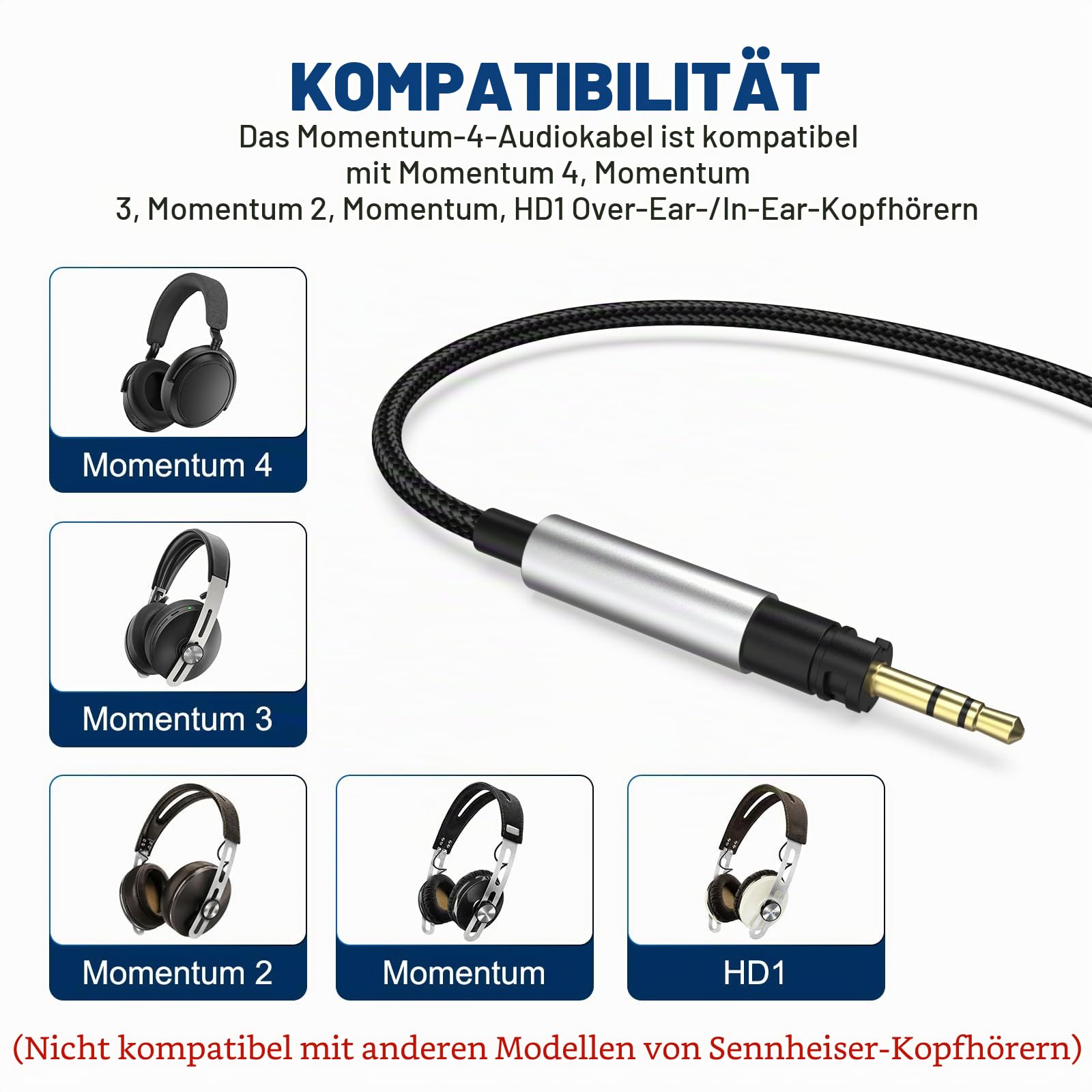 Zosvoses Momentum 4 Kabel, kompatibel mit Sennheiser Momentum 4/3/2.0, HD1 On-Ear, HD 400S/450BT, PXC 550/550-II, ACCENTUM Plus Kopfhörer, 3,5 mm Audiokabel, Headset mit 6,35 mm Adapter, 2 m