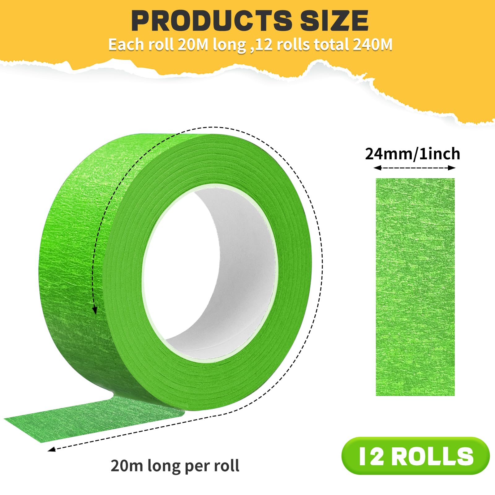 Hsxfl Premium Masking Tape for Painting 12 Rolls 24 mm x 20M Decorators Tape Multi Surface Painting Tape for Painting Artists Decorating (Green) - Image 2