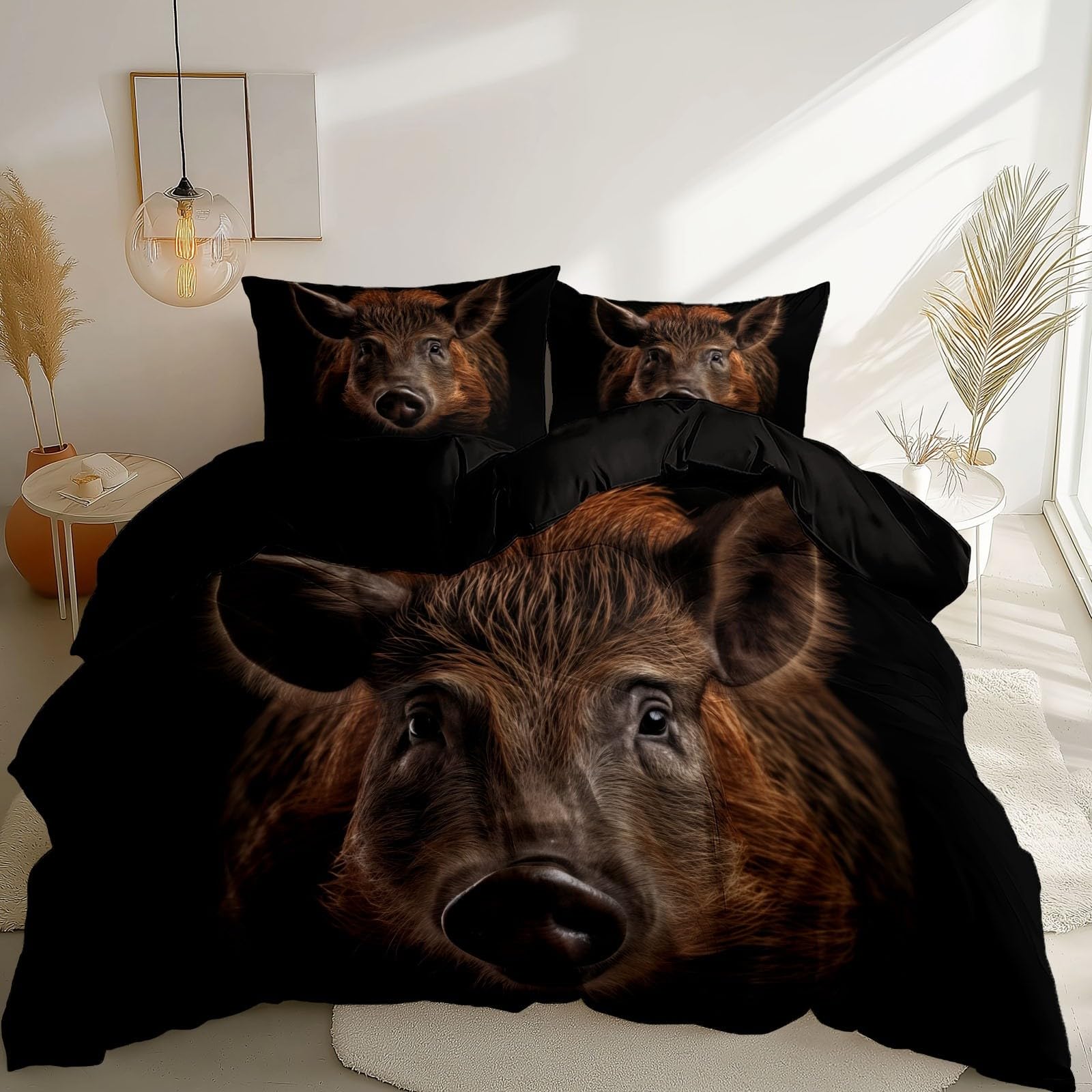 Copripiumino 220 x 240 cm 3 Pezzi in Cinghiale, documentario sul tono scuro con Chiusura e Federa copripiumino in microfibra Set di Biancheria da Letto di Stile Elegante, Marrone e nero