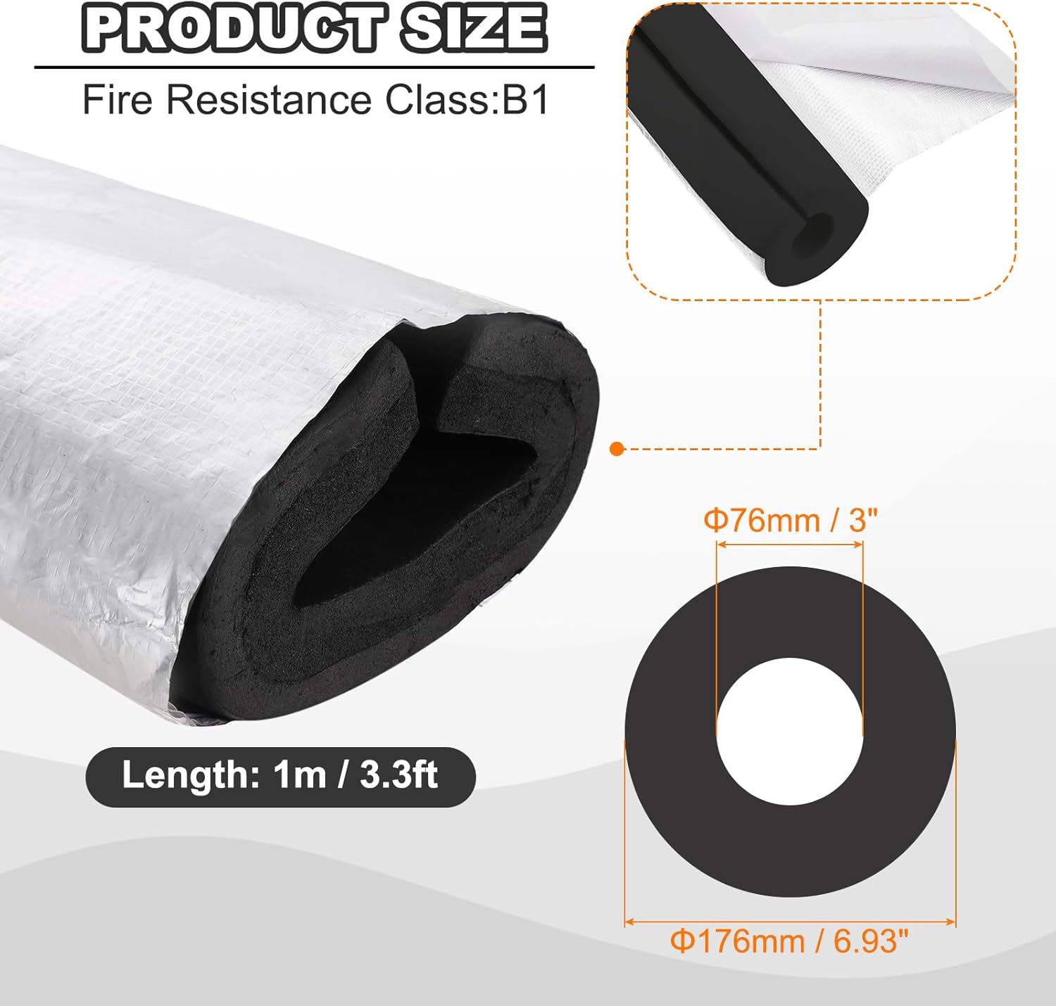PATIKIL Pipe Insulation Foam Tube, 3.3FT Length Self Adhesive Pipe Freeze Protection Wrap with Aluminum Foil 3"(76MM) ID x 5cm Thickness for Outdoor Winter Irrigation