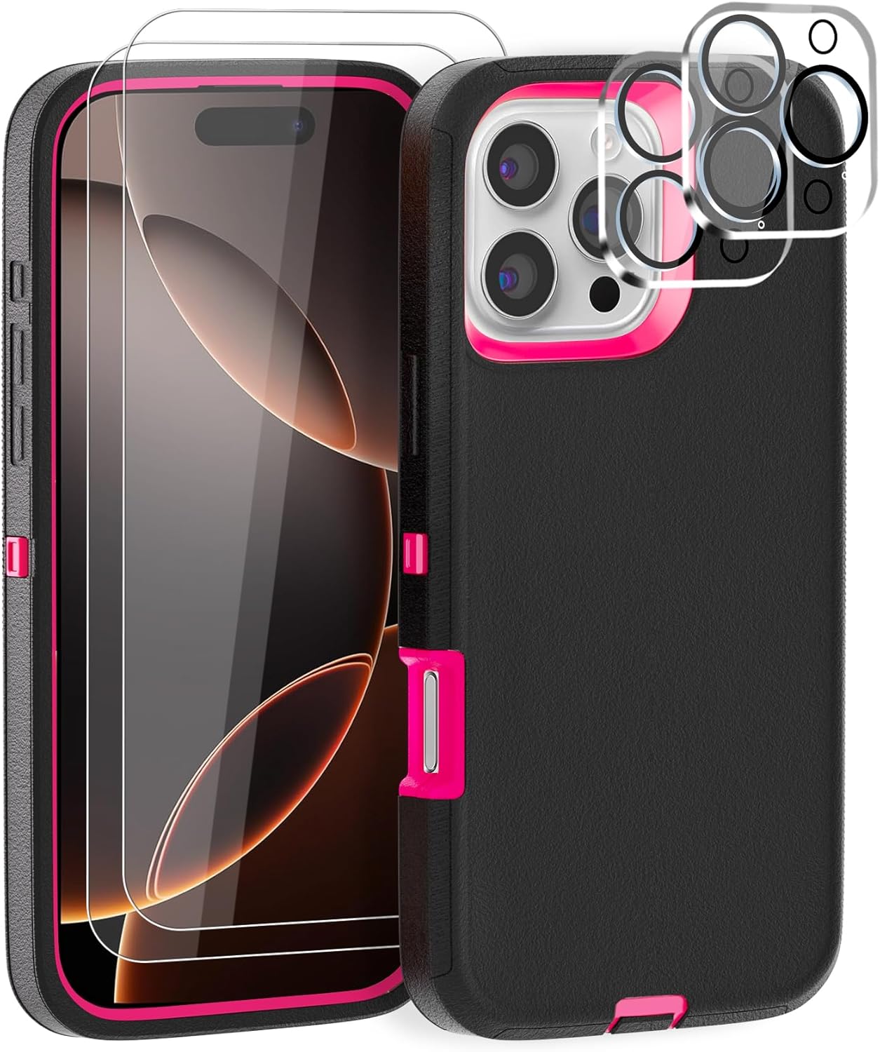 Gase for iPhone 16 Pro Max Case 6.9" with 2 Screen Protector + 2 Camera Lens Protector, Full Body Heavy Duty Military Grade Cover, Shockproof/Drop Proof Protection Phone Case (Black Hot Pink)